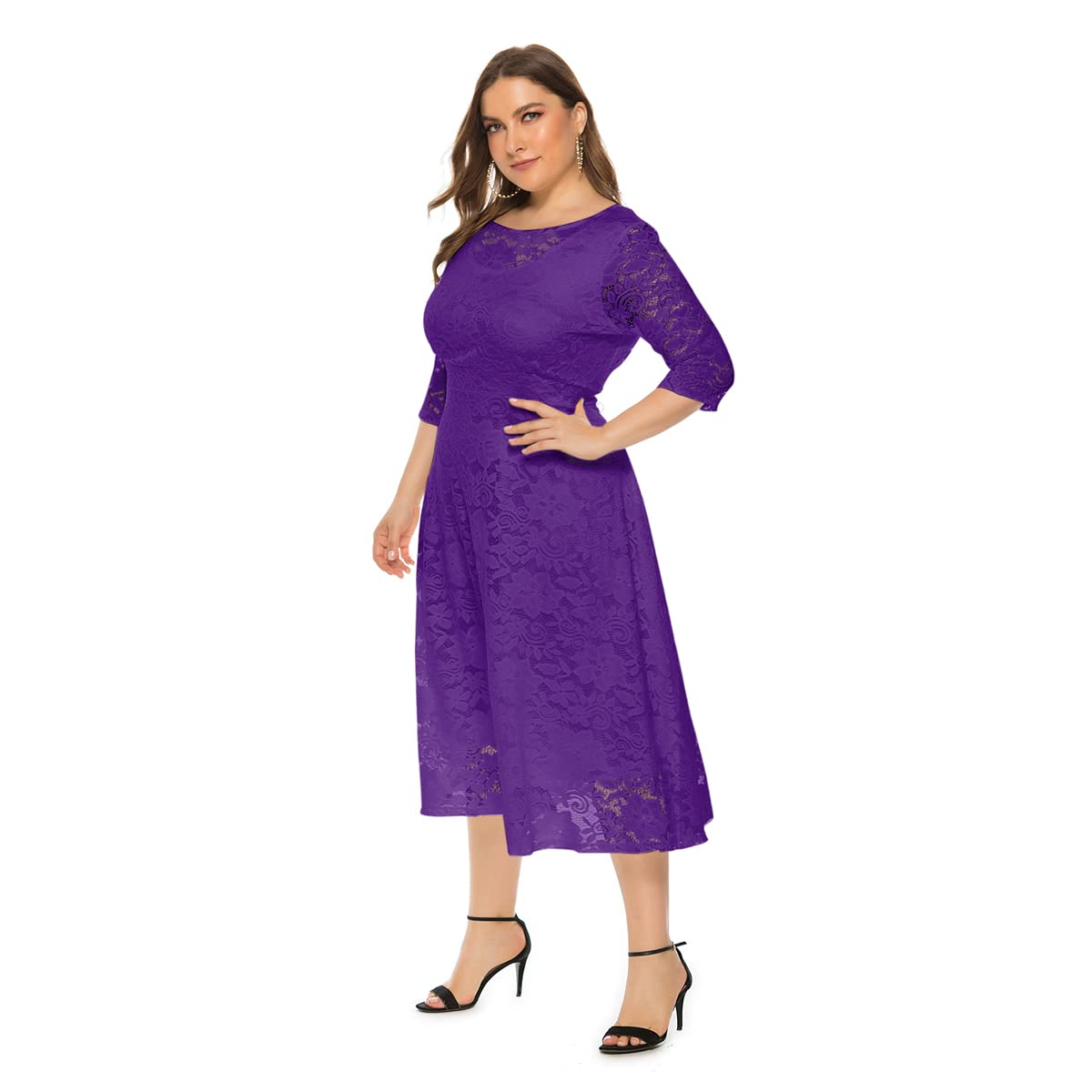 Plus Size Women's Summer Lace Midi Dress - Round Neck Elegant Party & Wedding Guest Dress for Casual Outings & Special Occasions