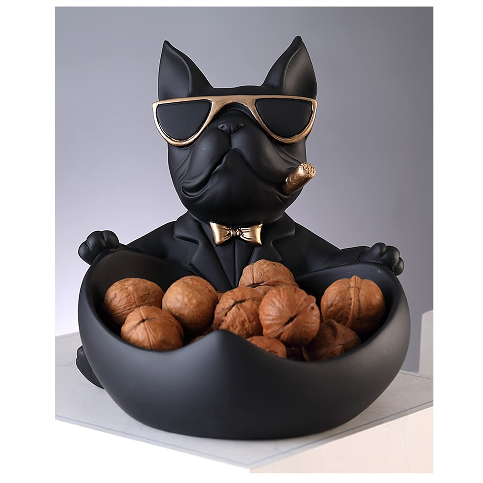 KHUY Modern Key Bowl & Coffee Table Decor - Elegant Glasses Dog Statue Key Tray Organizer for Entryway, Jewelry, Phone, Coins, Watches & Candy - Perfect Home Decoration Accessory (Black) - Ideal for Living Room, Bedroom, Office & Gift Giving