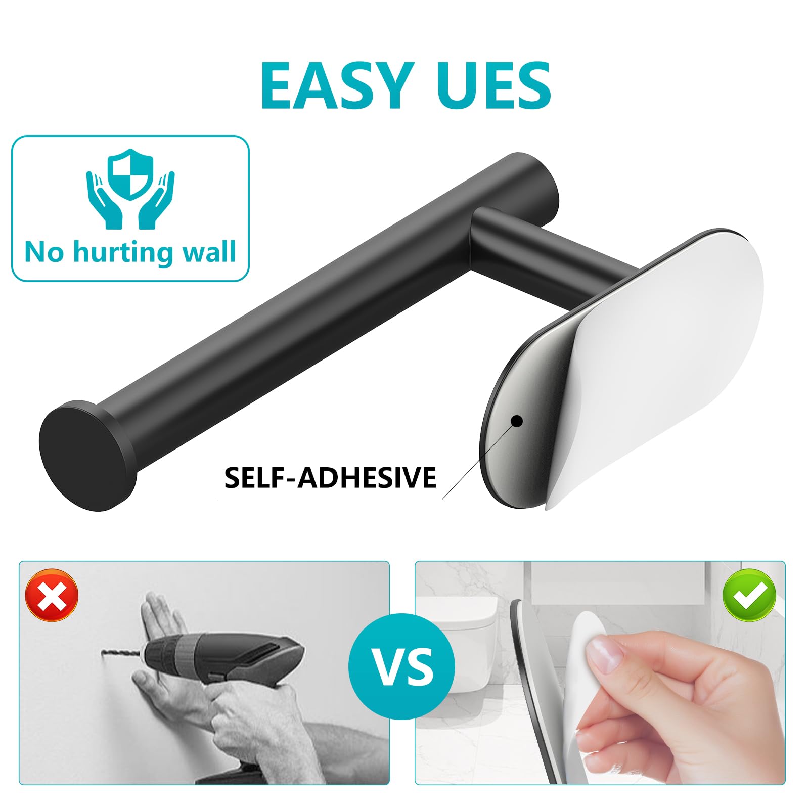 VMVN Black Stainless Steel Wall Mount Toilet Paper Holder - Bathroom Tissue Roll Holder with Strong Adhesive - Perfect for Home, Office & RV Use