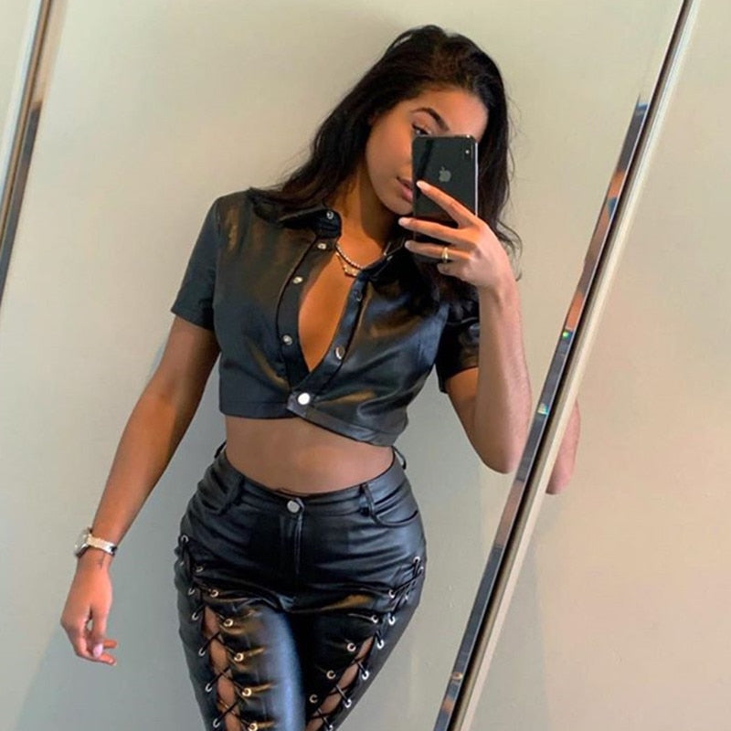 Women's Black Faux Leather Crop Top - Short Sleeve Streetwear Blouse with Turn Down Collar & Puff Sleeves | Perfect for Night Out, Party & Casual Wear