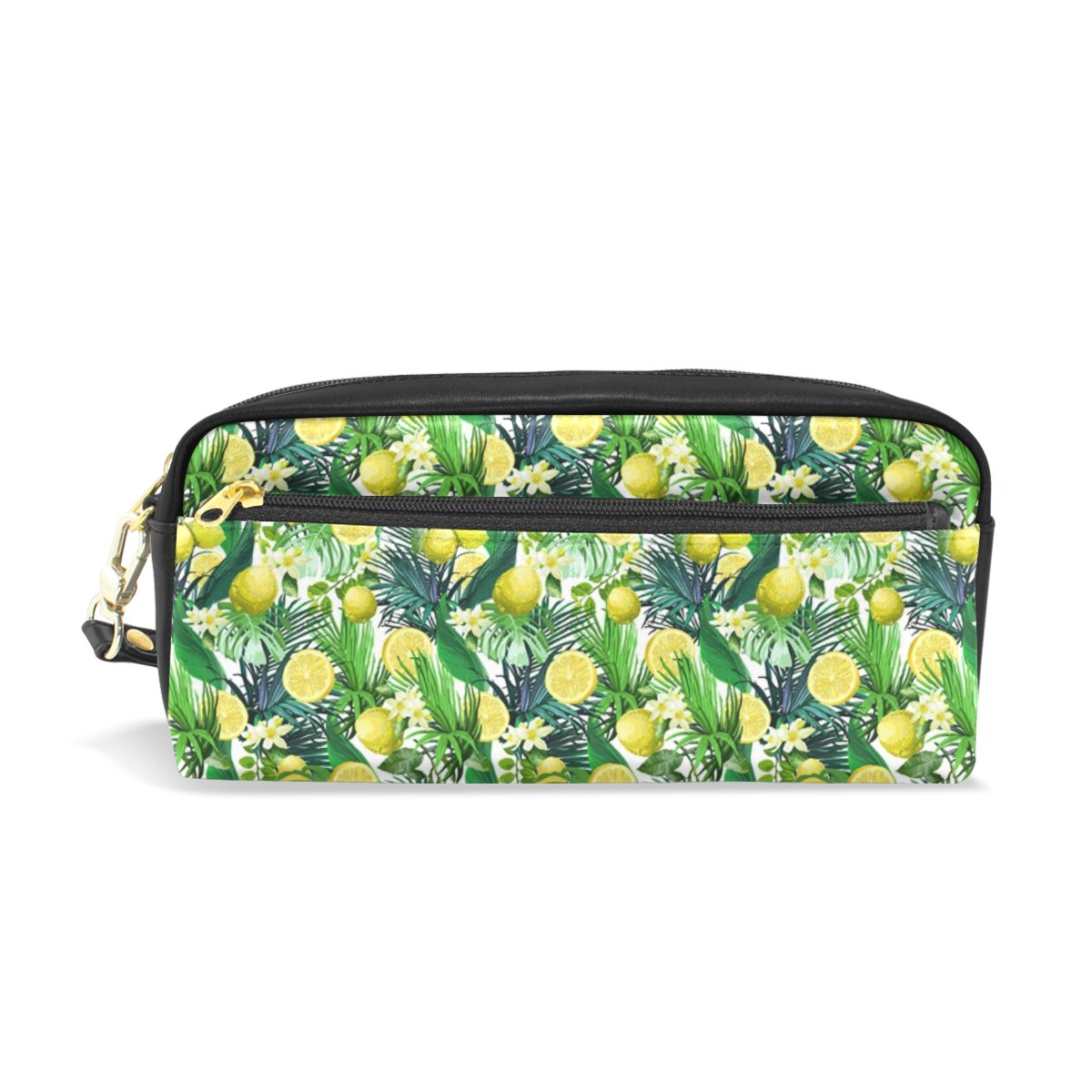 Tropical Flower Lemon Print Makeup Brush Travel Organizer Bag - PU Leather Cosmetic Pouch for Women, Girls & Students - Store Jewelry, Toiletries, Pencils & Electronics - Zippered Multi-Purpose Storage Case for Travel, Home & Office Use