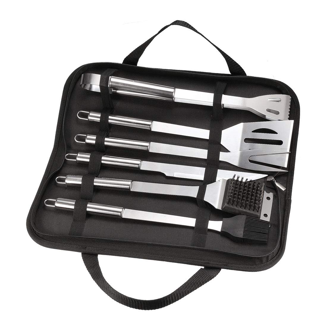 uxcell 6-in-1 Stainless Steel BBQ Grill Tool Set with Carrying Case - Includes Spatula, Tongs & Barbecue Accessories for Outdoor Grilling, Camping & Backyard Cookouts