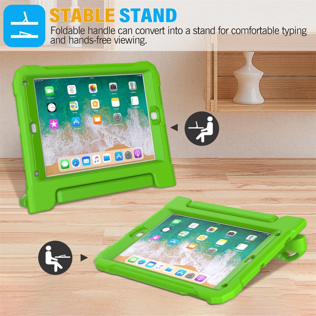 SUPLIK Shockproof Kids iPad Case for iPad 5th/6th Gen (9.7 inch 2017/2018), iPad Air 1/2 & Pro 9.7 - Durable Protective Cover with Handle Stand & Screen Protector - Green - Perfect for School, Travel & Home Use