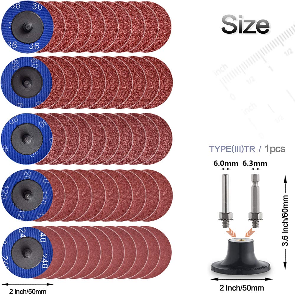 NYXCL Miroku 50-Piece 2-Inch Quick Change Roll Lock Sanding Discs Set with 1/4