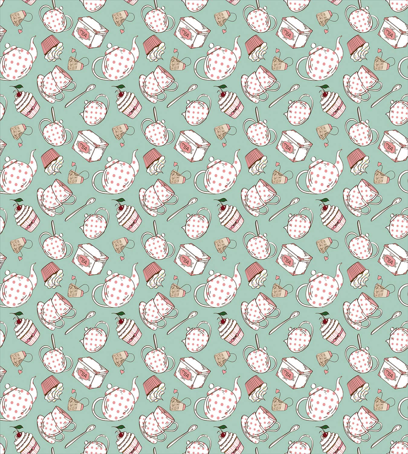 Ambesonne Tea Party Duvet Cover Set - Polka Dot Teapots & Cups Design with Cupcake & Cherry, 3-Piece Bedding Set with 2 Pillow Shams, California King Size, Almond Green Coral - Perfect for Themed Bedrooms, Guest Rooms & Whimsical Home Decor