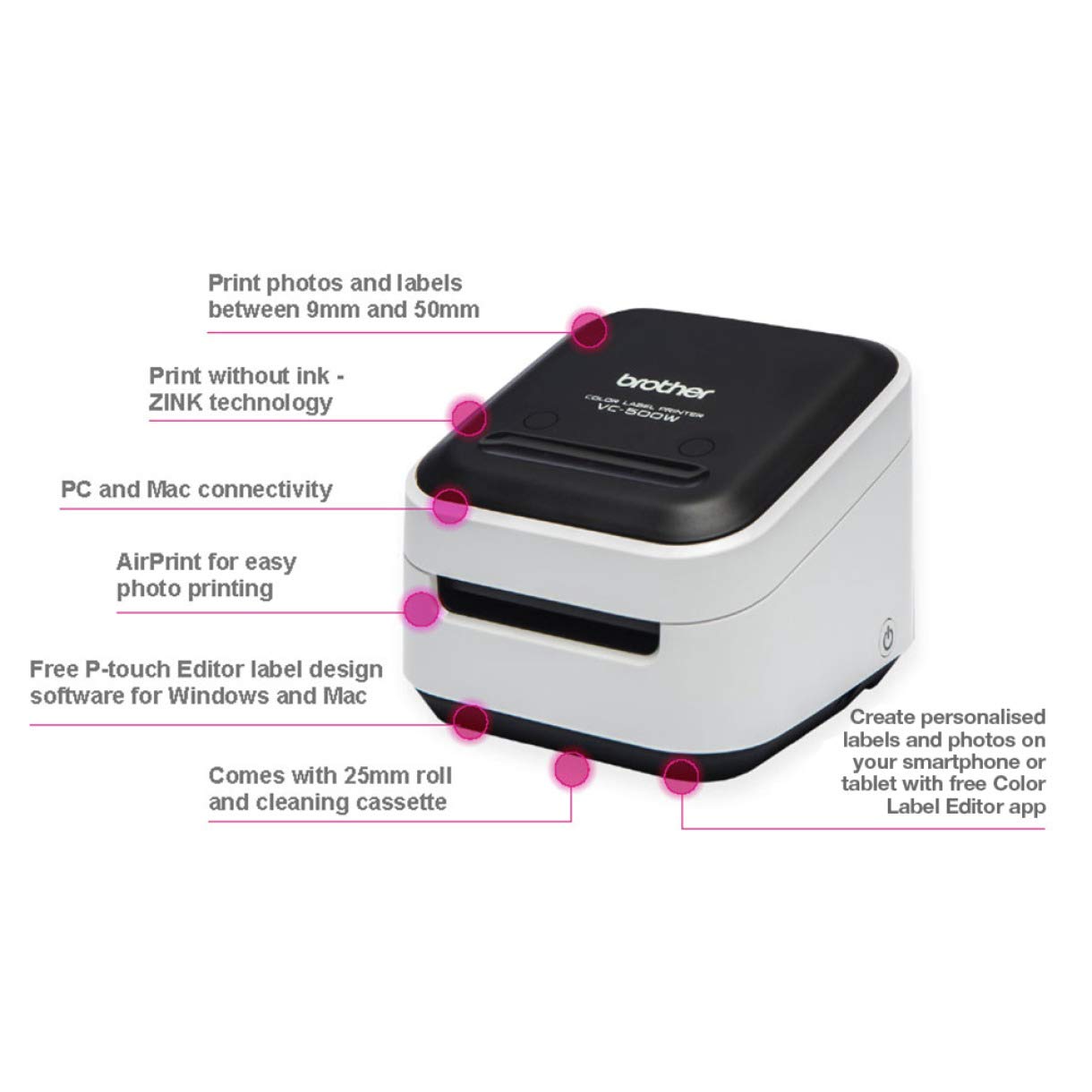 Brother VC-500W Wireless Label Maker with Full Color Printing - Desktop Photo Labeller with ZINK Zero Ink Technology, White (UK Plug) - Perfect for Home Office, Crafting & Organization