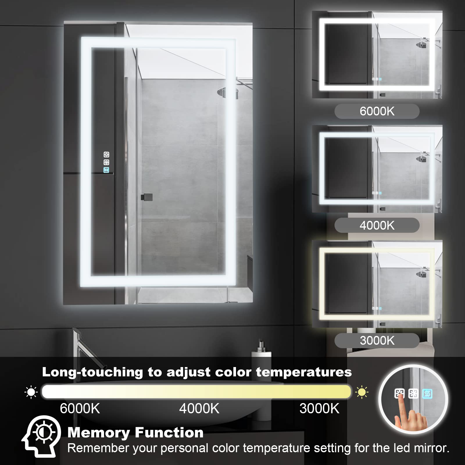 30X36 Inch LED Bathroom Mirror with Lights - Dimmable Anti-Fog Vanity Mirror with Memory Function, Front Lit Wall Mounted Mirror, Sand Matte White Finish & Waterproof Glass - Perfect for Makeup, Shaving & Home Decor