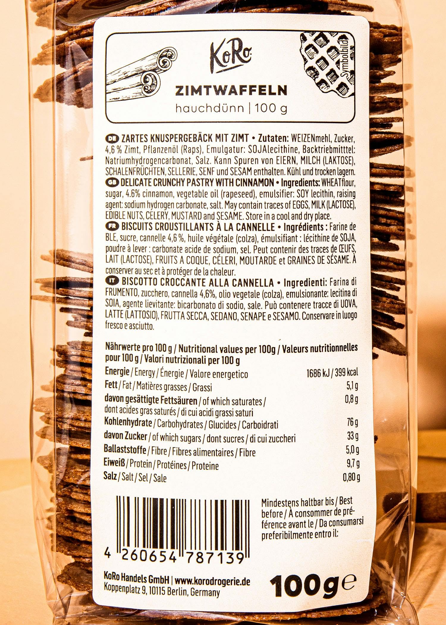 KoRo Cinnamon Waffles 10 x 100g - Sweet Cinnamon Flavor - Thin & Crispy Vegan Waffles - Delicate Baking - Perfect for Breakfast, Snacks & Coffee Time