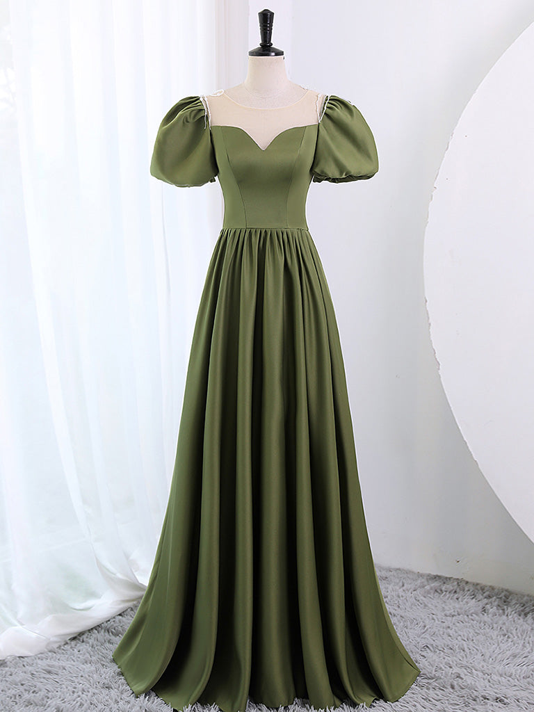 Elegant A-Line Scoop Neck Puff Sleeves Satin Long Prom Dress in Emerald Green - Perfect for Formal Dances, Evening Galas & Special Occasions