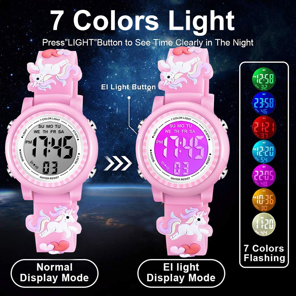 Venhoo Kids Digital Watch - 3D Cartoon Waterproof Watch with 7 Color LED Lights, Alarm & Stopwatch for Girls Ages 3-10 | Perfect for School, Playtime & Outdoor Activities