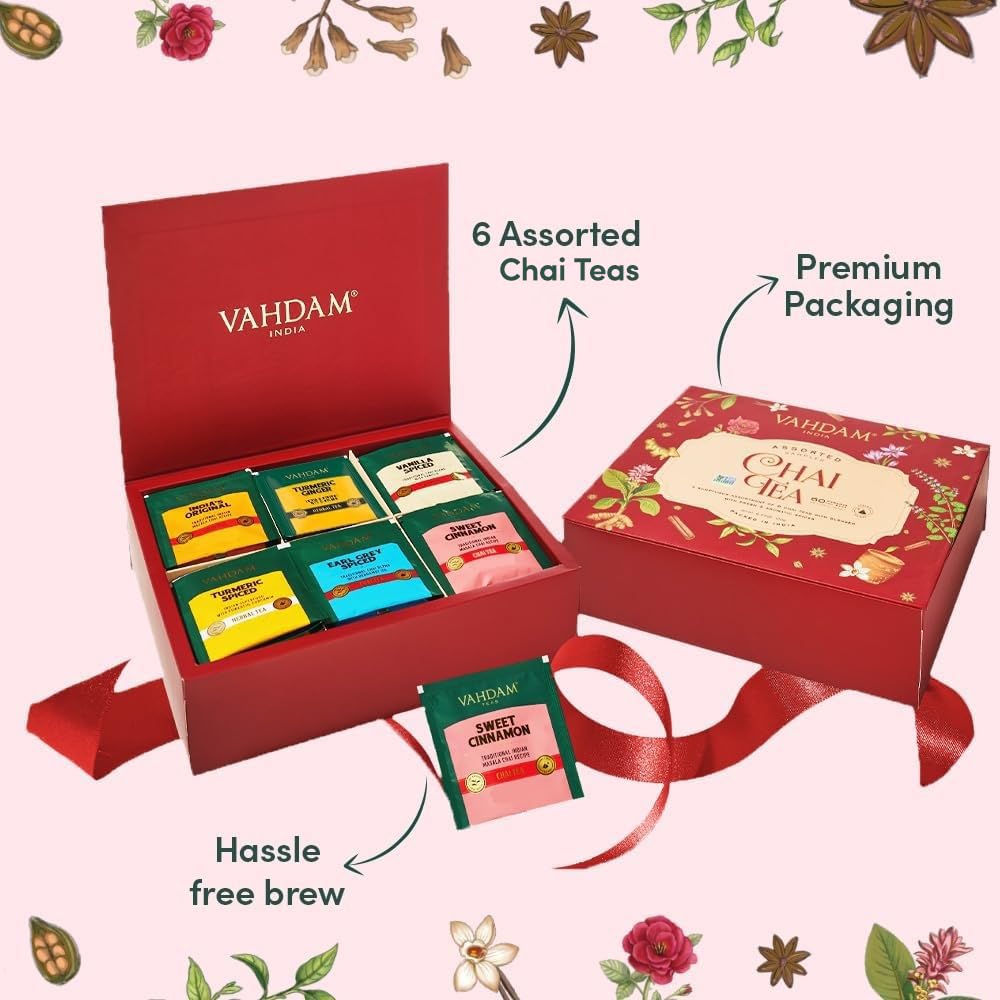 VAHDAM Assorted Chai Tea Variety Pack - 6 Flavors, 36 Pyramid Tea Bags | Indian Masala Chai, Caffeinated, Gluten Free & Non-GMO | Perfect for Gifts, Office, or Relaxing at Home