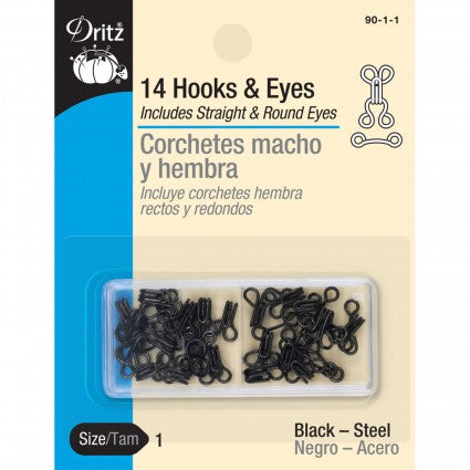 Dritz Nickel Plated & Black Hooks and Eyes - 14-Piece Sewing Kit for Clothing, Bras & DIY Projects - Secure Fasteners for Dresses, Jackets & Crafting