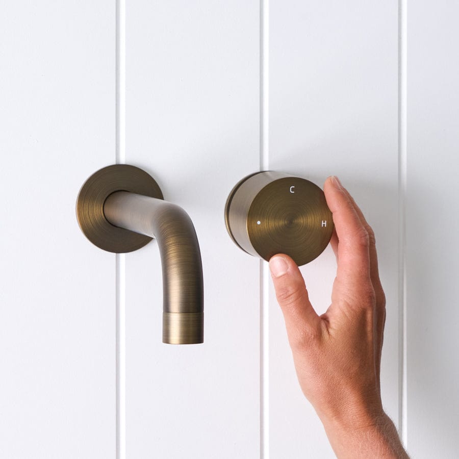 Sydney Wall Spout with Progressive Mixer in Antique Brass - Vintage Bathroom Faucet for Sink, Basin, and Vanity - Perfect for Classic & Modern Home Decor