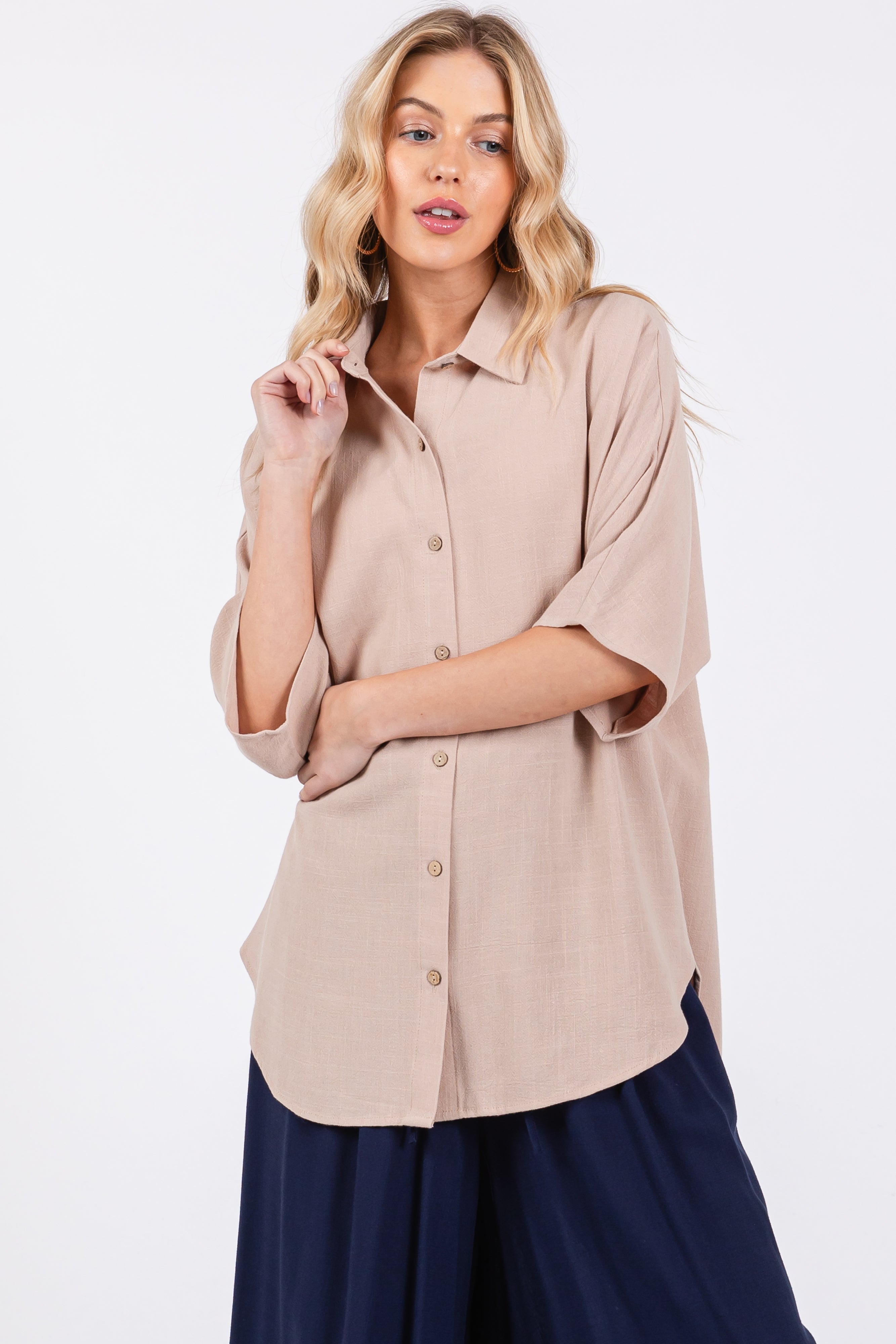 Beige Linen Maternity Top - Dolman Half Sleeve Button Down Shirt for Pregnant Women | Comfortable & Stylish Pregnancy Blouse for Casual Wear, Office & Maternity Photos