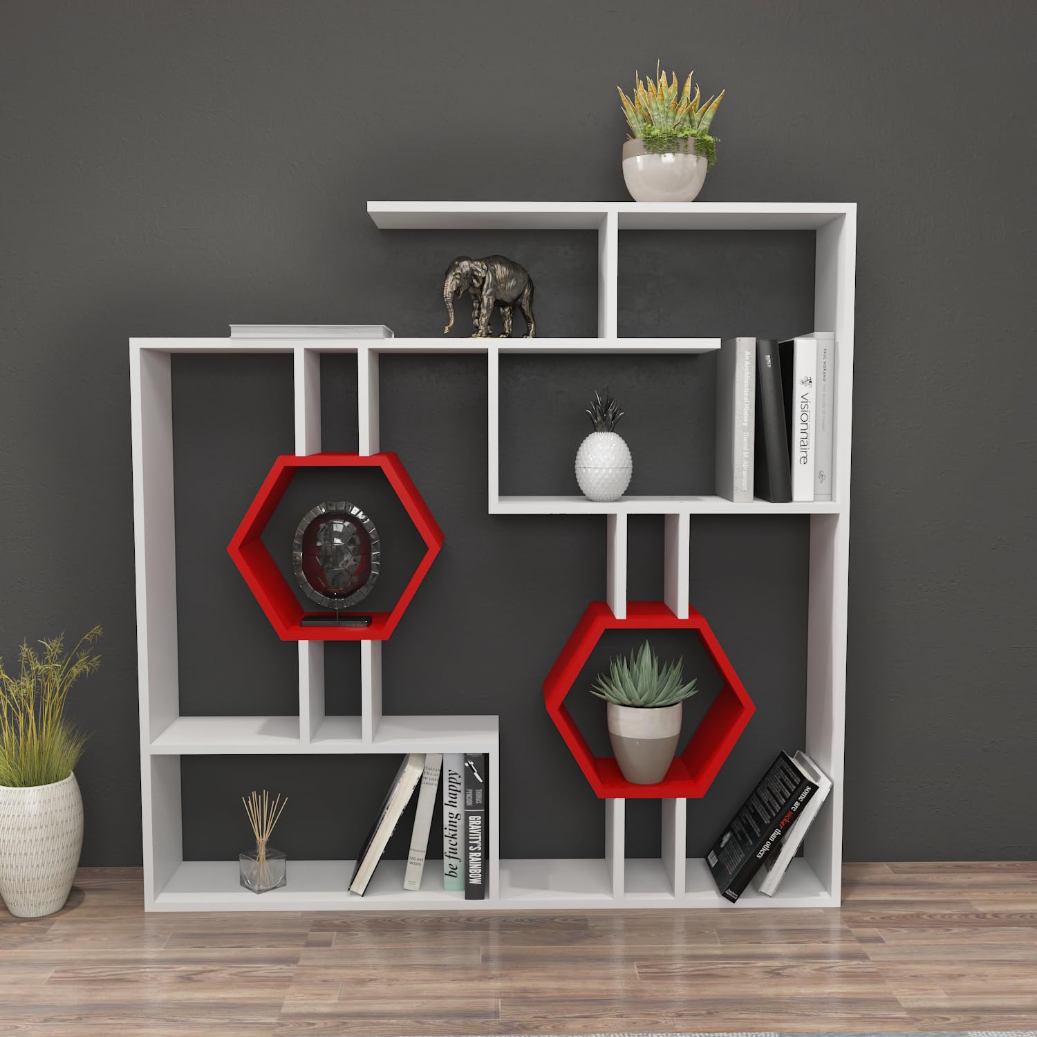 Decorotika Tamara Geometric Bookcase - Modern White & Red Cubic Bookshelf with Storage | Perfect for Living Room, Bedroom & Office Organization