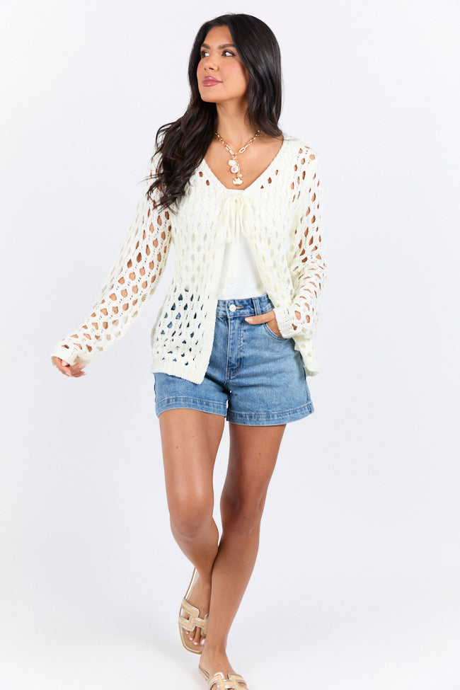 Open Thoughts Ivory Open Knit Tie Front Cardigan - Women's Lightweight Summer Cover Up for Beach, Office & Casual Outfits