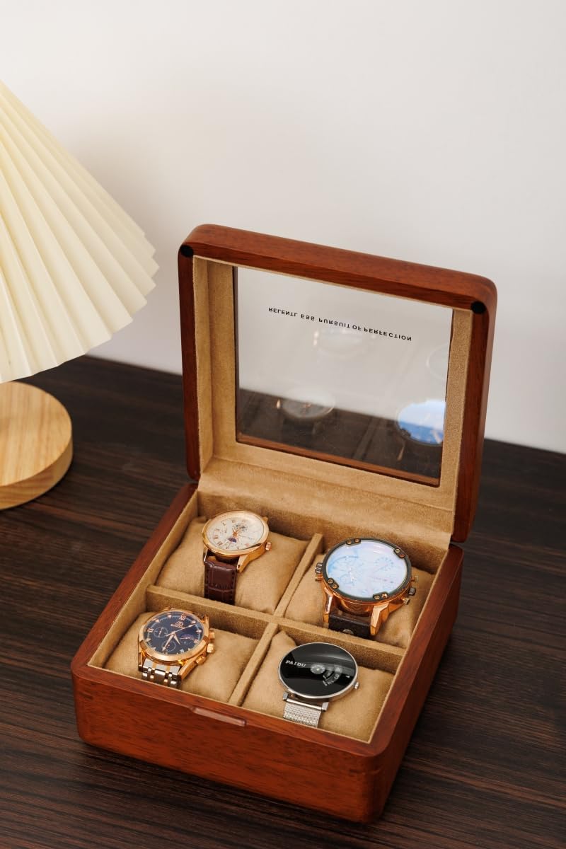 Premium 4-Slot Wooden Watch Box with Glass Lid - Luxury Watch Storage Organizer & Travel Case for Men - Perfect for Display, Gifts, and Travel Accessories