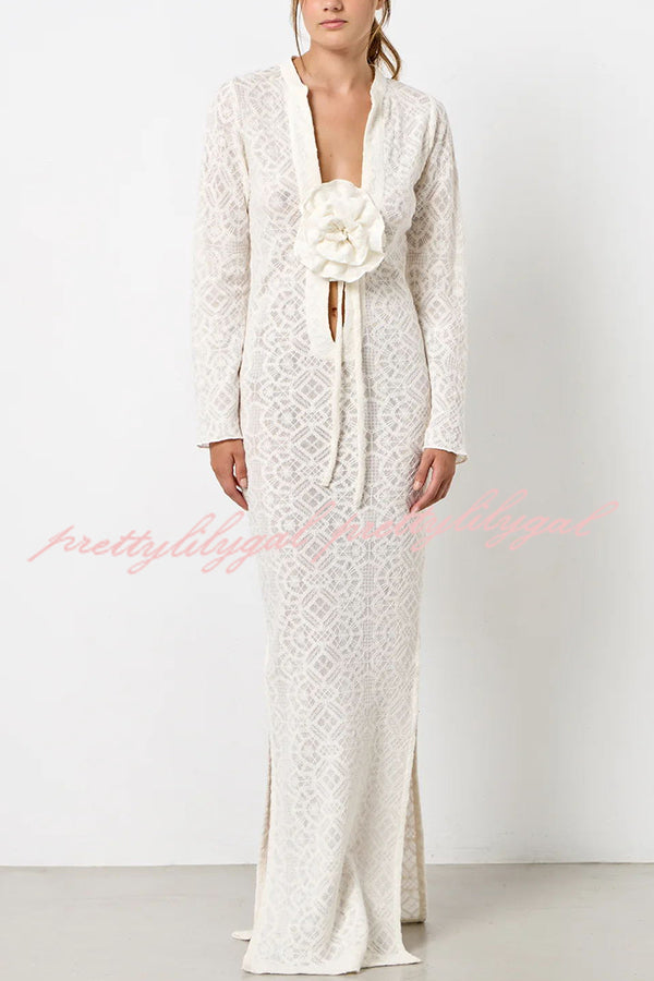 Spanish Breeze Lace Deep V Neck Long Sleeve Maxi Dress with Removable Flowers & High Slit - Perfect for Beach Vacations, Summer Weddings & Boho Photoshoots