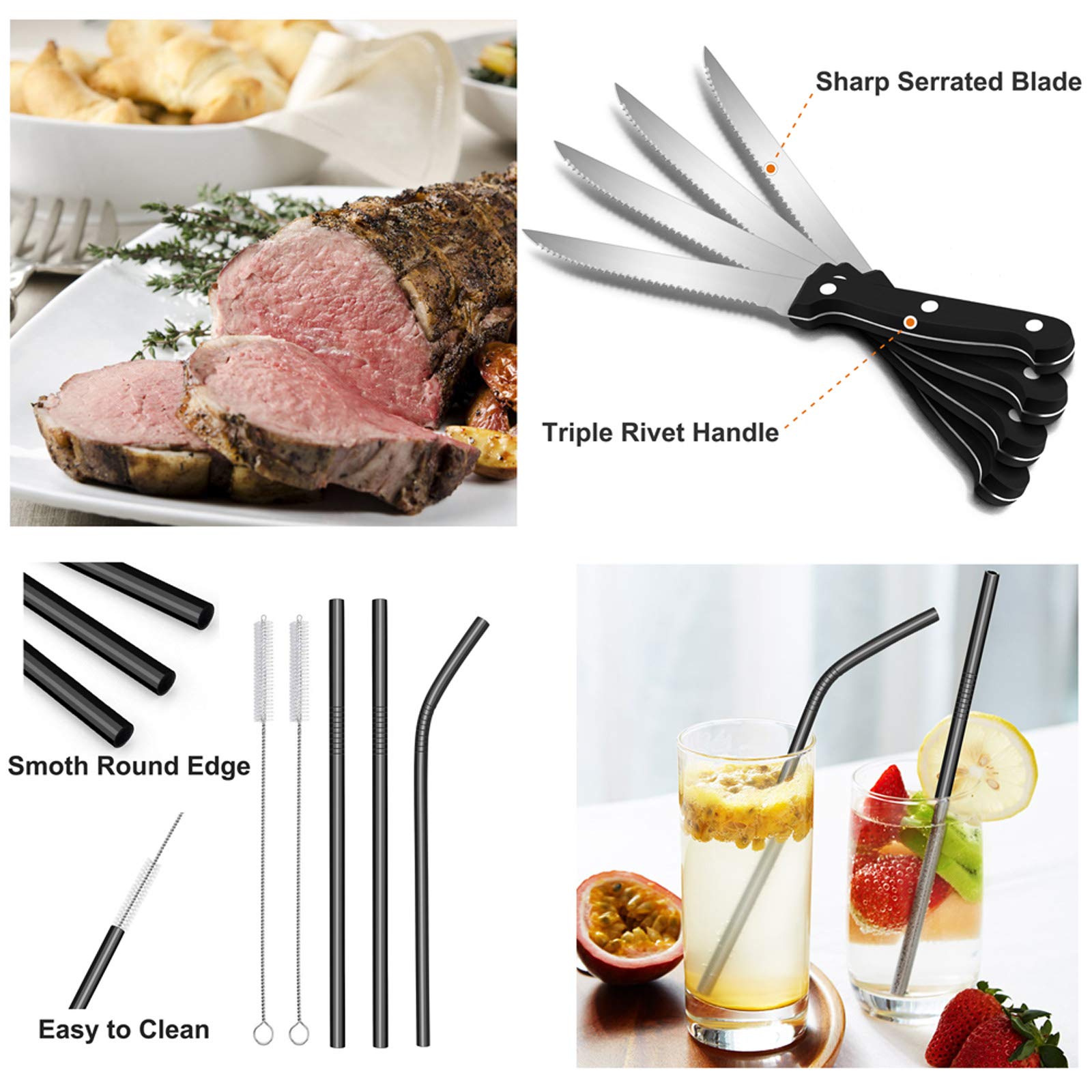 Premium 31-Piece Stainless Steel Flatware Set for 4 - Mirror Polish Silverware with Forks, Spoons, Knives & Steak Knives - Dishwasher Safe Cutlery Set with Utensil Organizer - Perfect for Dinner Parties, Restaurants & Home Dining (Black)