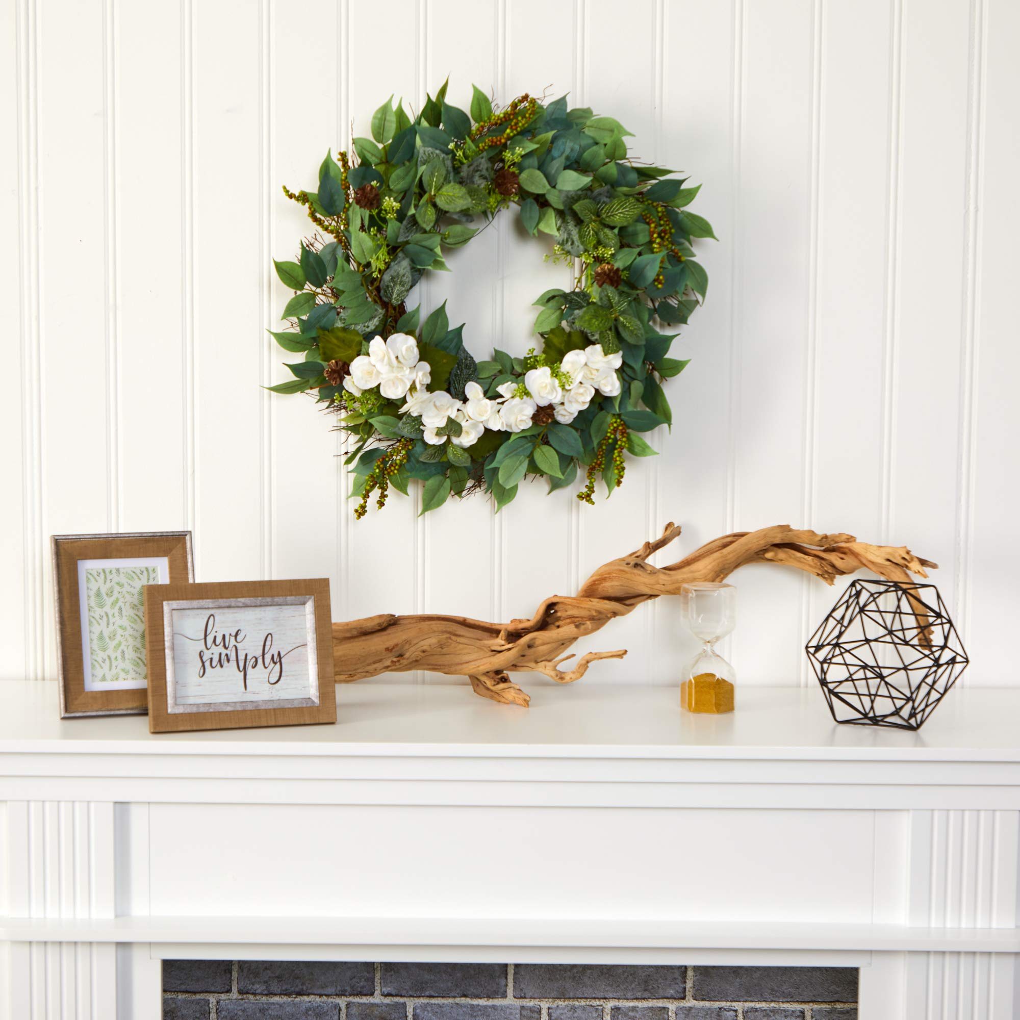 23in. Mixed Greens and Begonia Artificial Wreath - Elegant Home Decor for Front Door, Wall, or Seasonal Holiday Display