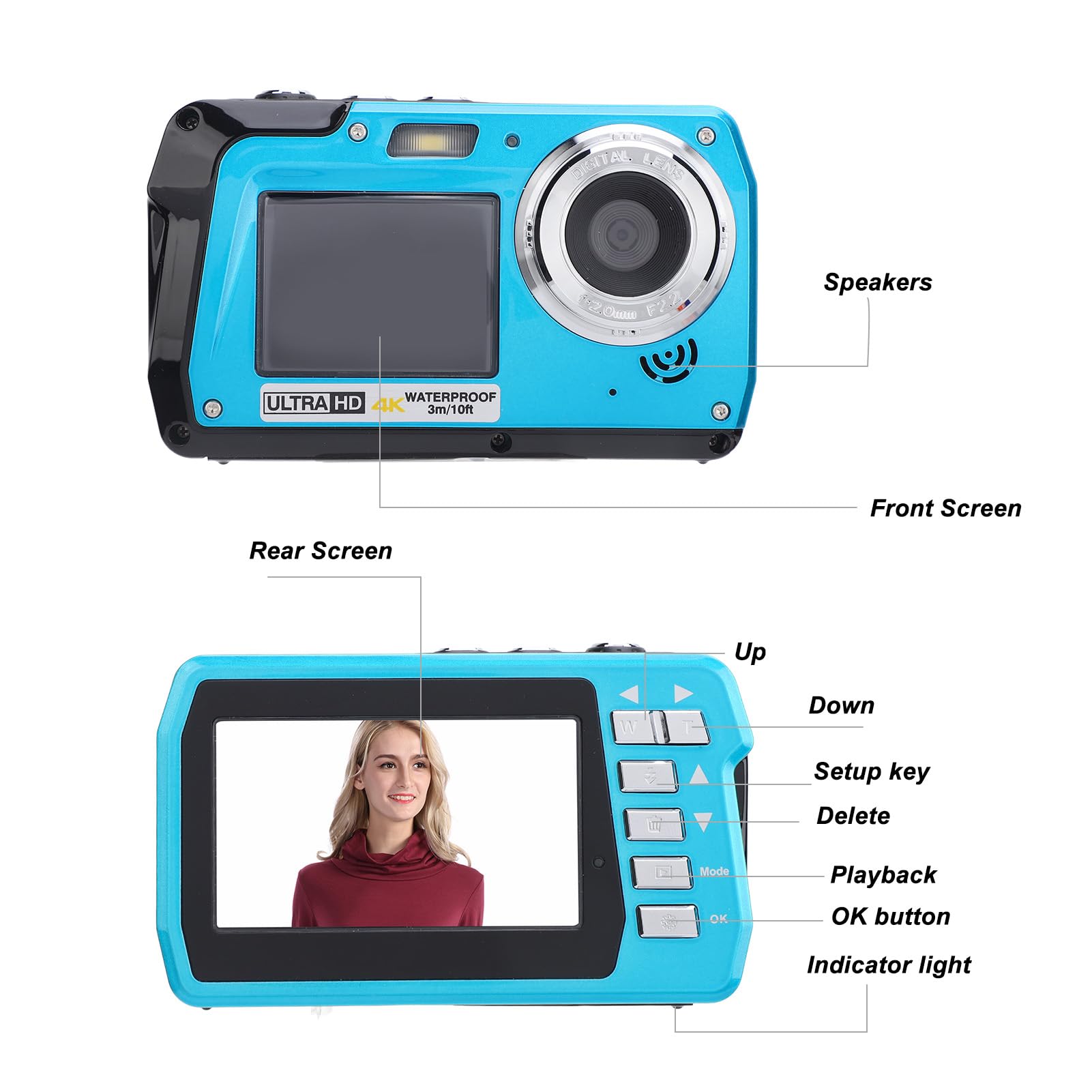 4K Underwater Camera 10FT Waterproof - 56MP 16X Zoom Digital Camera with Fill Light & Dual HD Screens for Snorkeling, Scuba Diving, Rafting and Beach Vacation Photography