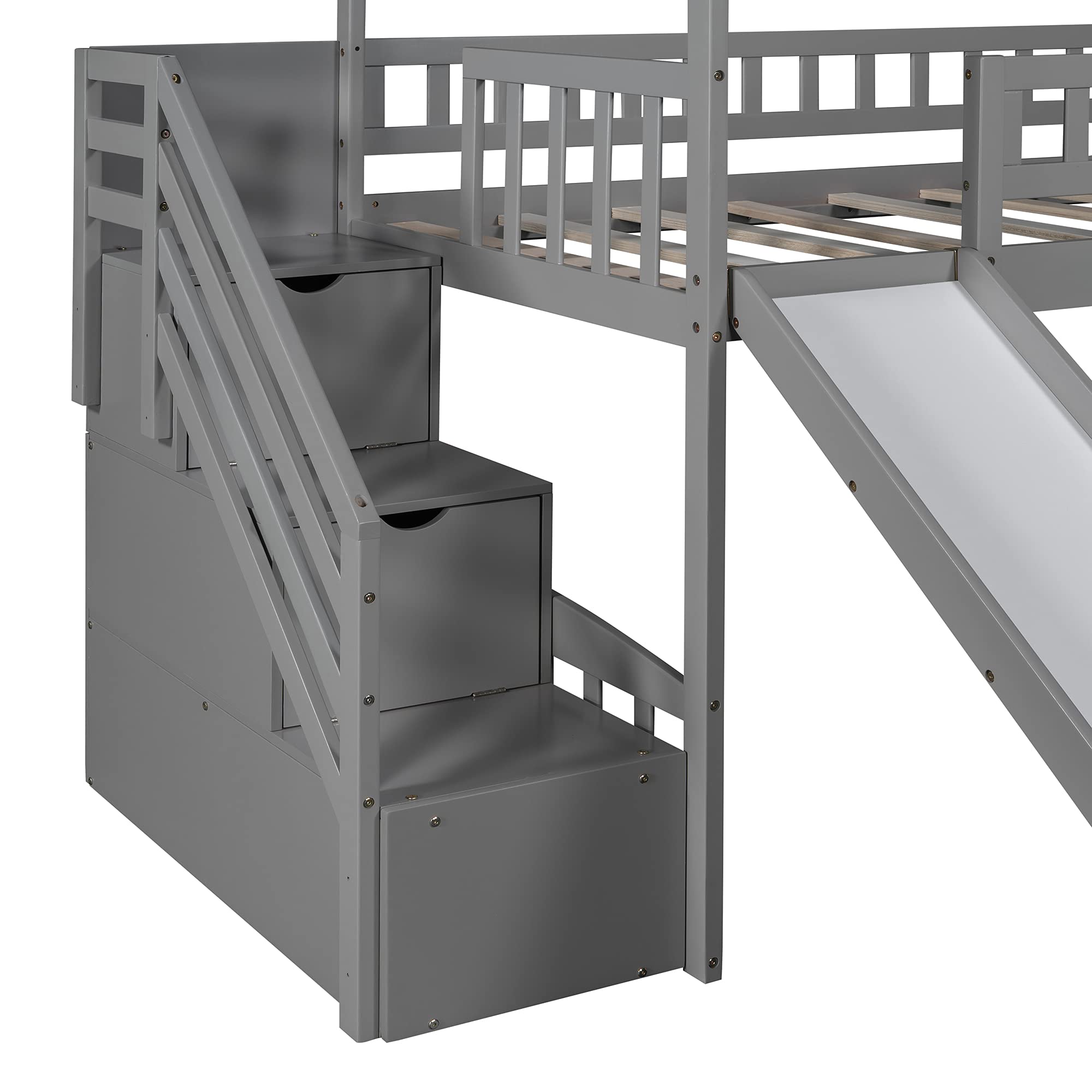P PURLOVE Twin Loft Bed with 2 Drawers & Slide - Sturdy Wood House Bunk Bed Frame, No Box Spring Required (Gray) - Perfect for Kids' Bedroom, Playroom & Space-Saving Small Rooms