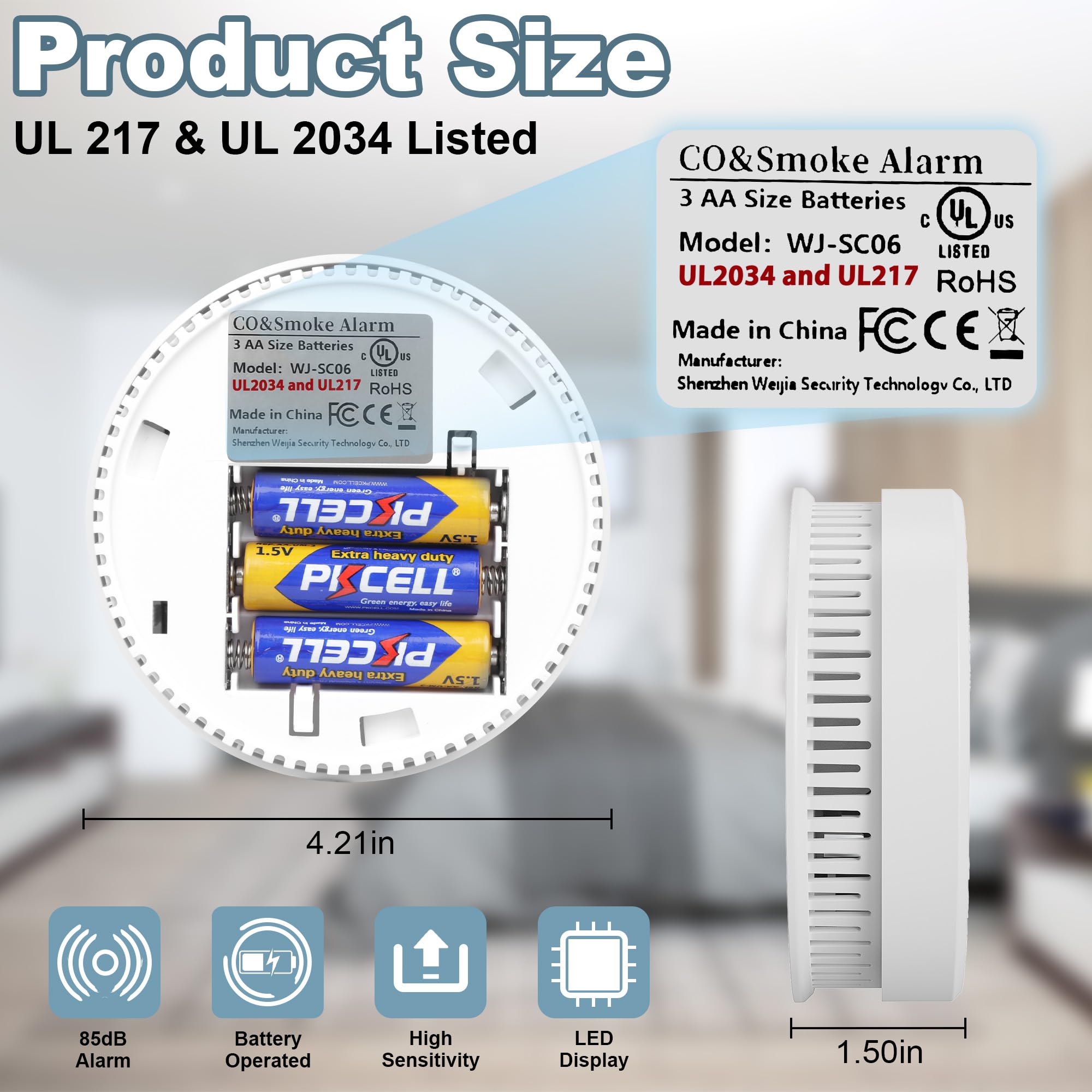 2 in 1 Smoke and Carbon Monoxide Detector with LCD Display - Battery Powered Dual Sensor Fire & CO Alarm (2 Pack, Includes 3×5AA Batteries) - Perfect for Home, Kitchen, Bedroom, and Office Safety Protection