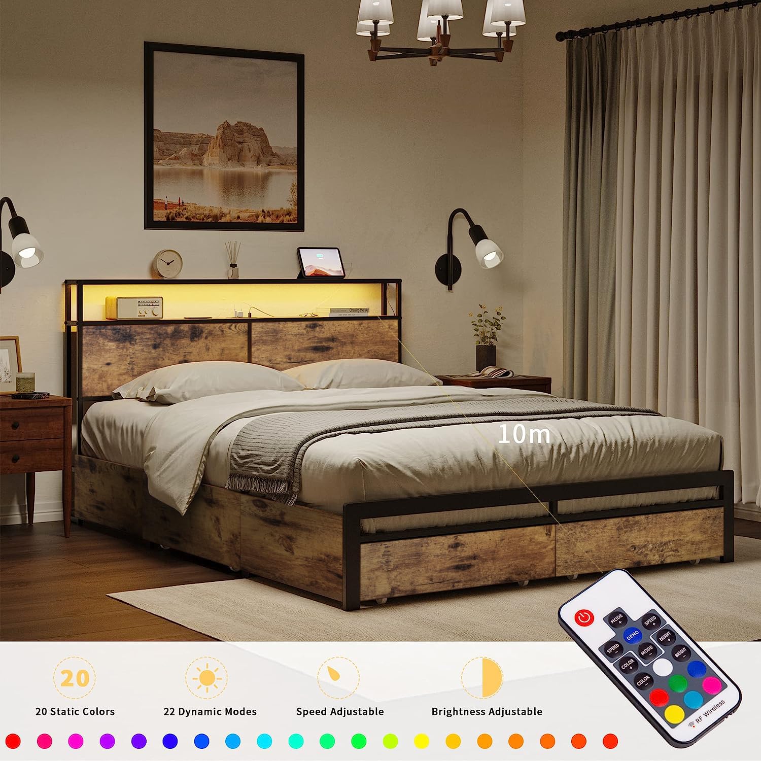 Queen Bed Frame with Storage & LED Lights - Sturdy Metal Platform for Quiet, Noiseless Sleep