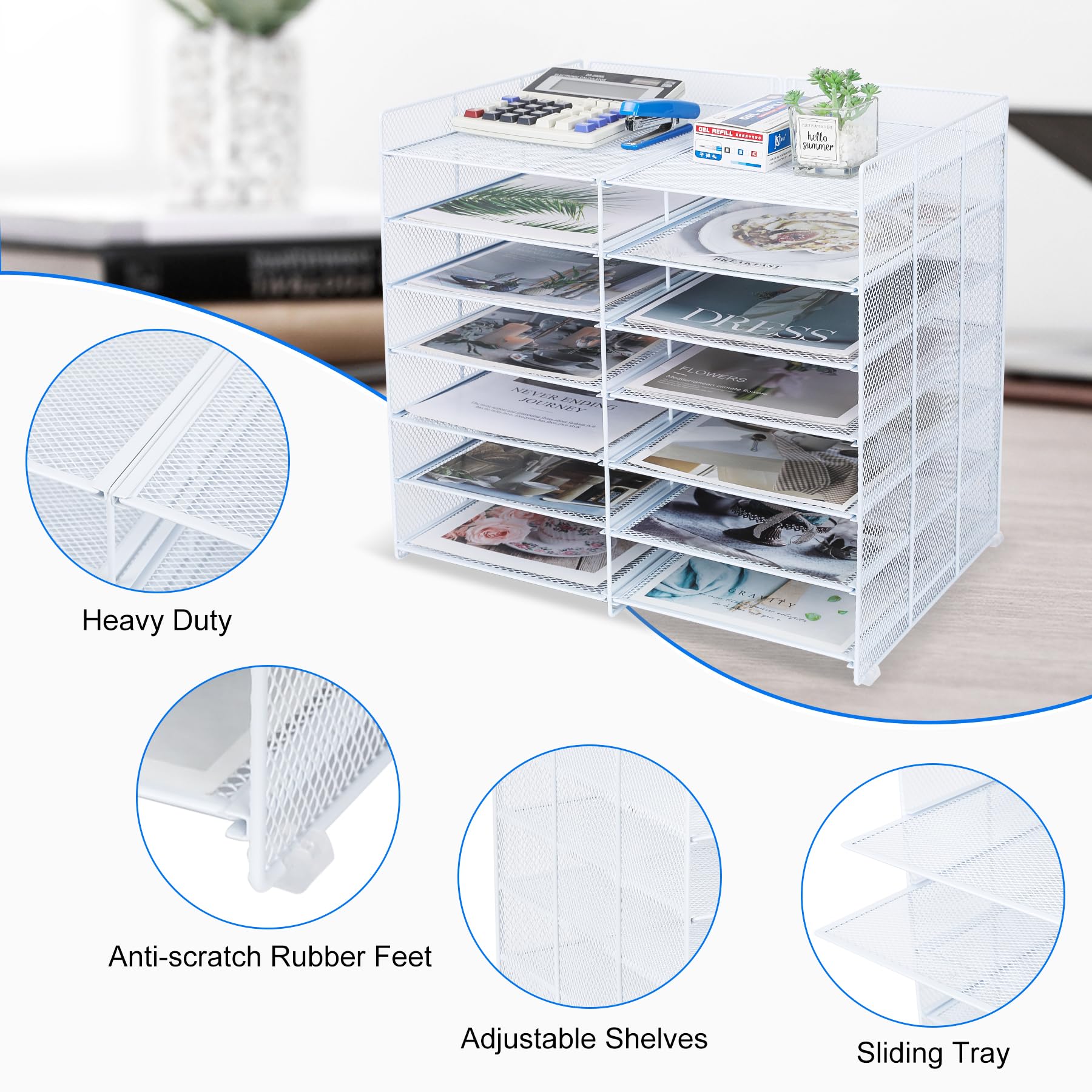 TQVAI 7-Tier Adjustable Desk File Organizer - 12 Slots Mail Sorter & Paper Storage Rack for Office, Home, School - White | Perfect for Organizing Documents, Bills, Letters in Workspaces & Classrooms