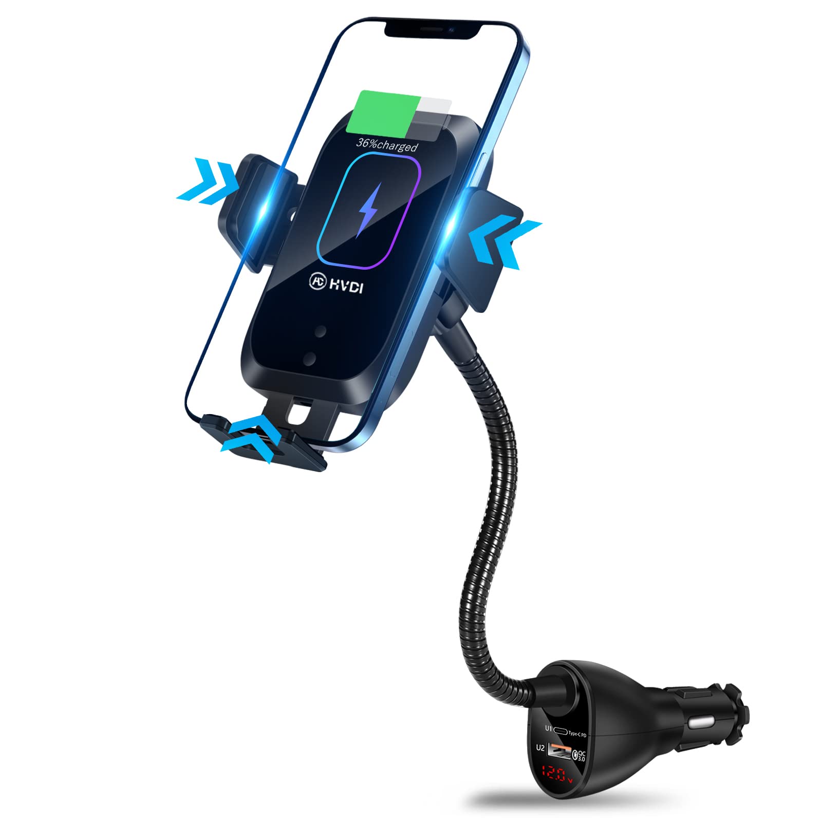 15W Qi Fast Wireless Car Charger Mount with Auto-Clamping & Dual QC 3.0 Ports - Universal Phone Holder for iPhone 13 Pro Max/12/11/XR/X/8, Samsung S21/S20/S10/9/8 - Perfect for Hands-Free Charging While Driving