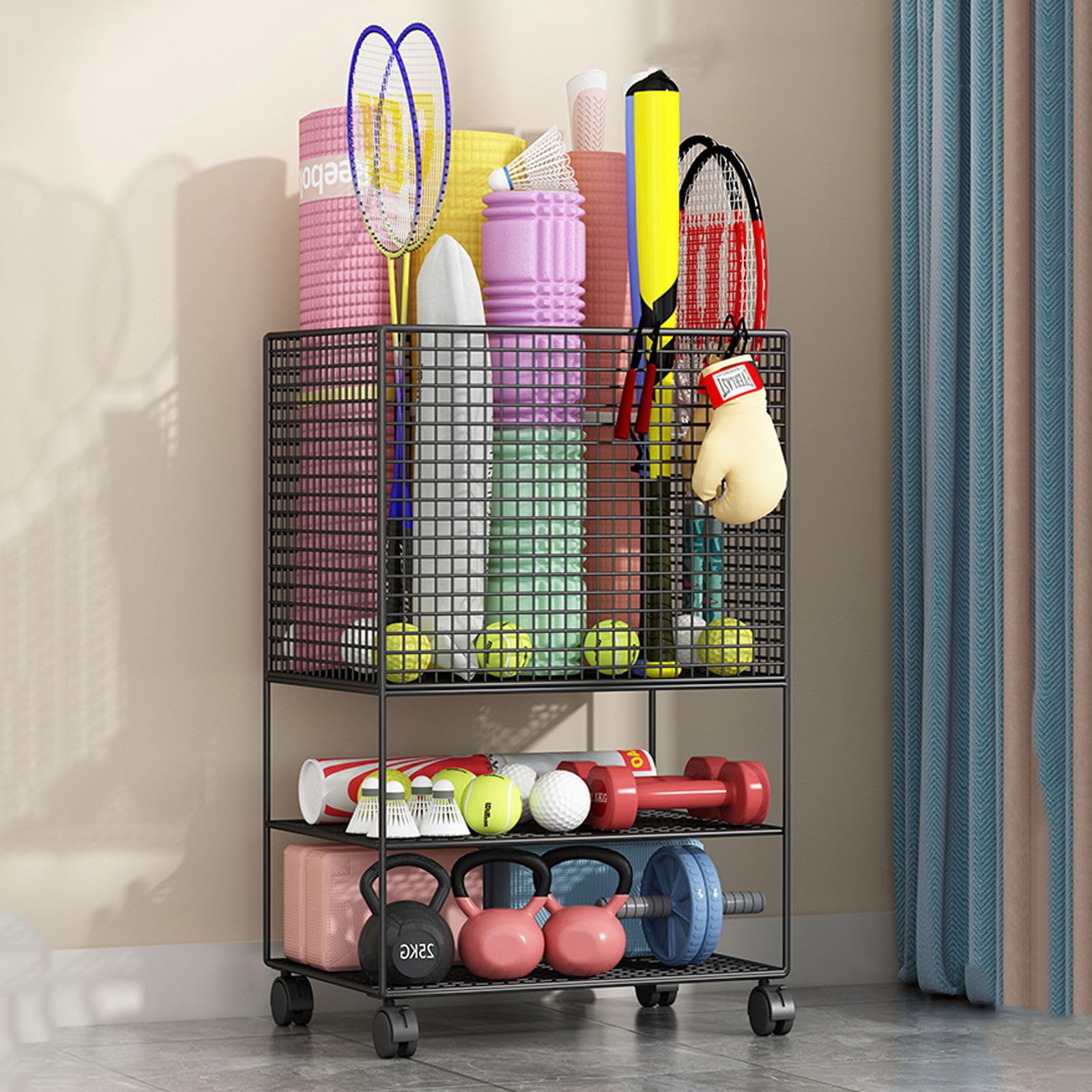 Universal Wheel Yoga Mat Organizer - Sports Equipment Storage Rack for Home Gym, Badminton Racket Holder with Removable Shelves | Perfect for Yoga Studios, Fitness Rooms & Sports Equipment Organization