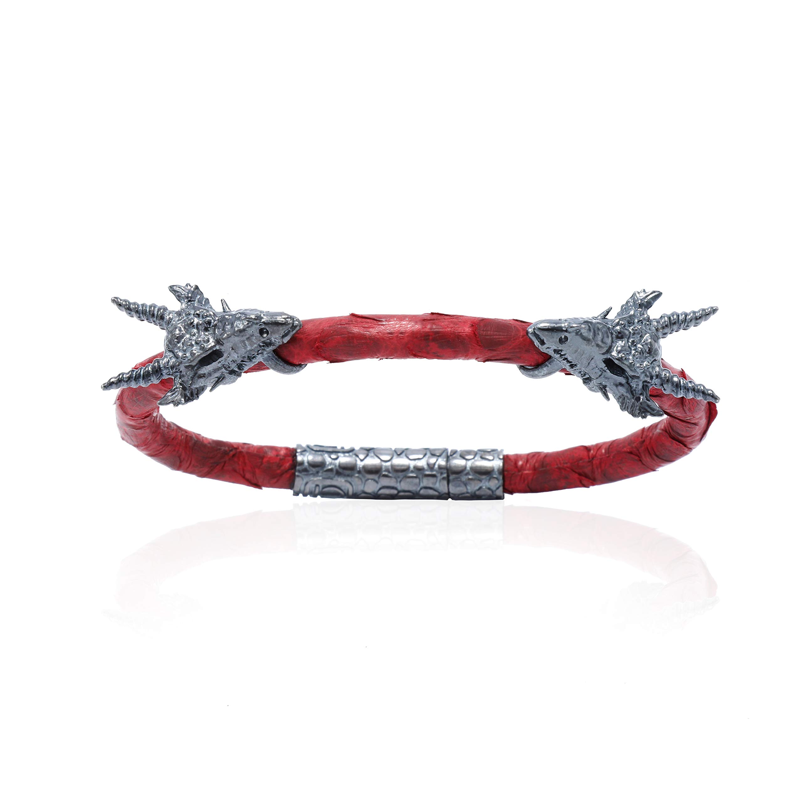 Python Leather Cord Necklace with Two Silver Dragon Skulls & Secure Clasp Closure | Men's Gothic Jewelry for Everyday Wear, Parties & Alternative Fashion