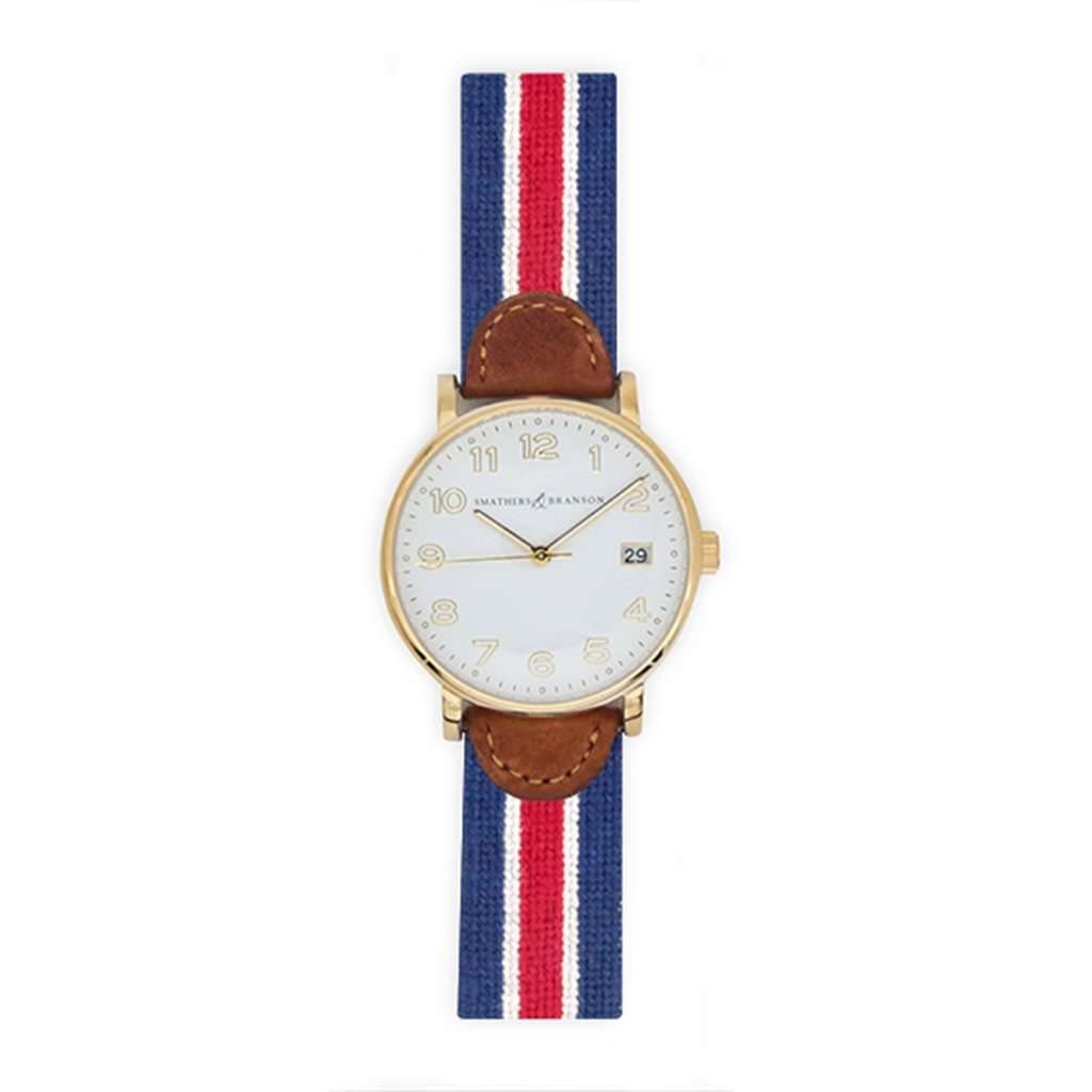Smathers & Branson Red Multi-Stripe Needlepoint Watch - Preppy Style Wristwatch for Men & Women | Perfect for Golf, Yachting & Country Club Events