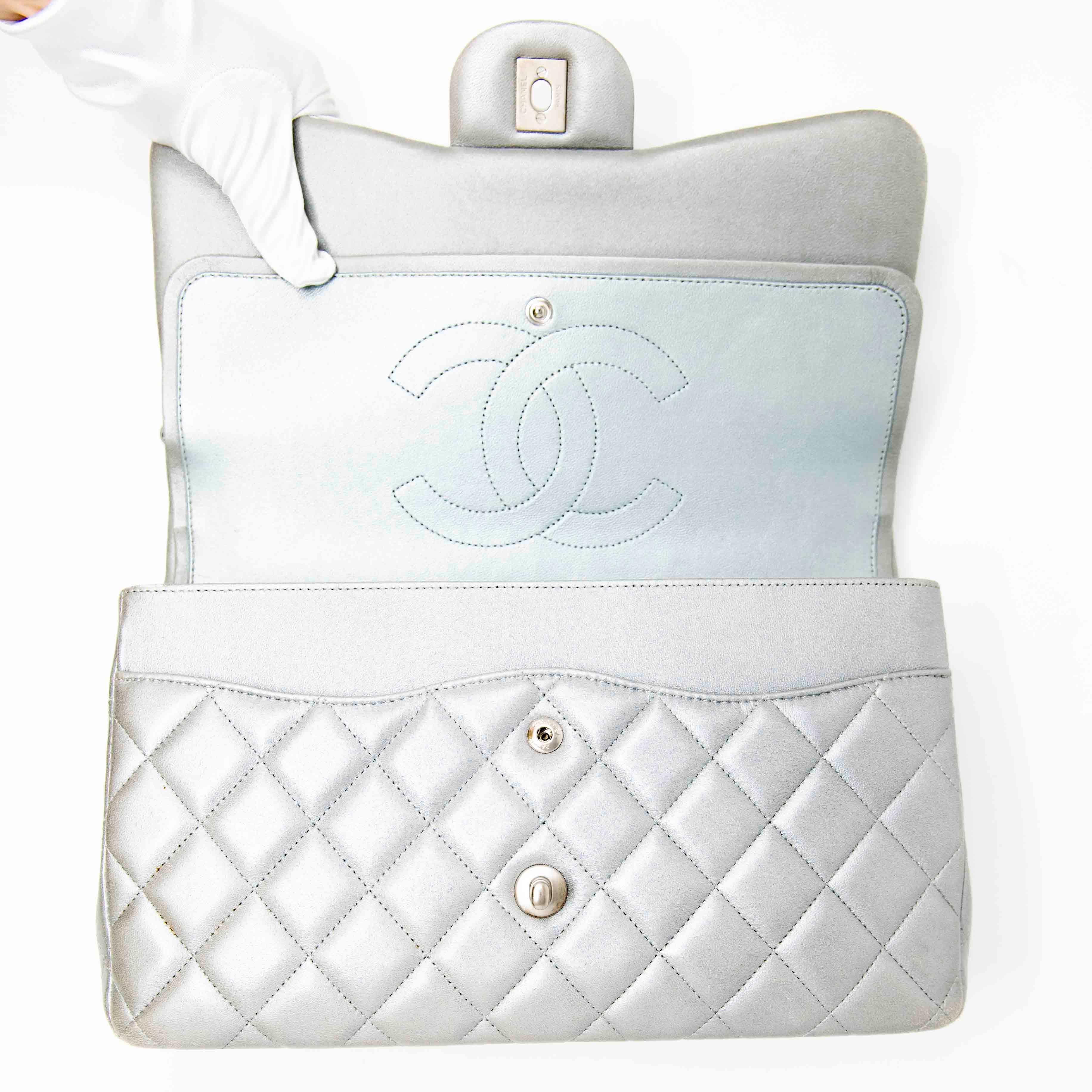 Chanel Silver Jumbo Classic Flap Bag - Luxury Designer Handbag for Women | Perfect for Evening Parties, Work & Special Occasions