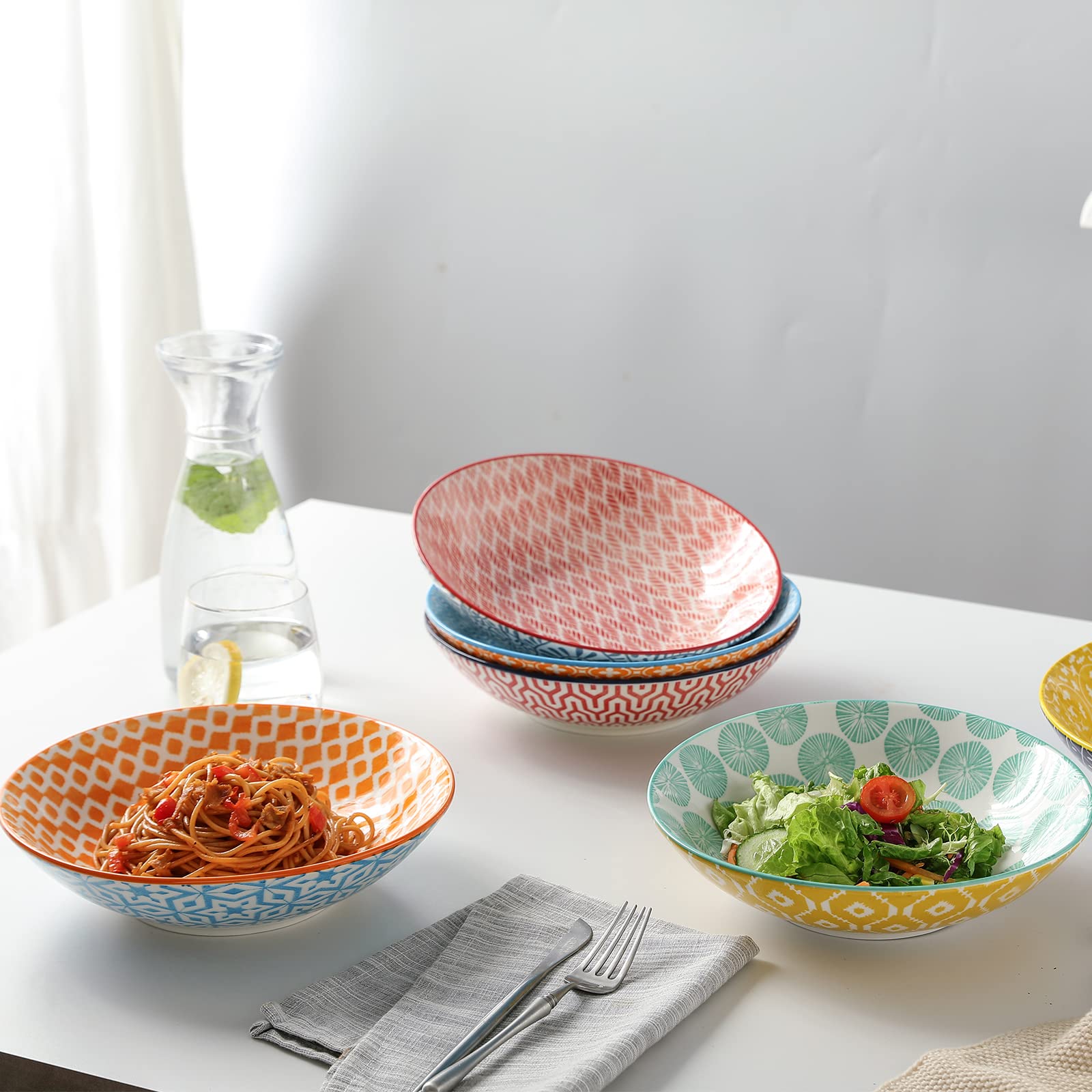 Selamica 40oz Porcelain Pasta Bowls - Set of 6 Large 9-Inch Microwave & Oven Safe Salad Serving Bowls in Vibrant Colors - Perfect for Family Dinners, Entertaining & Meal Prep