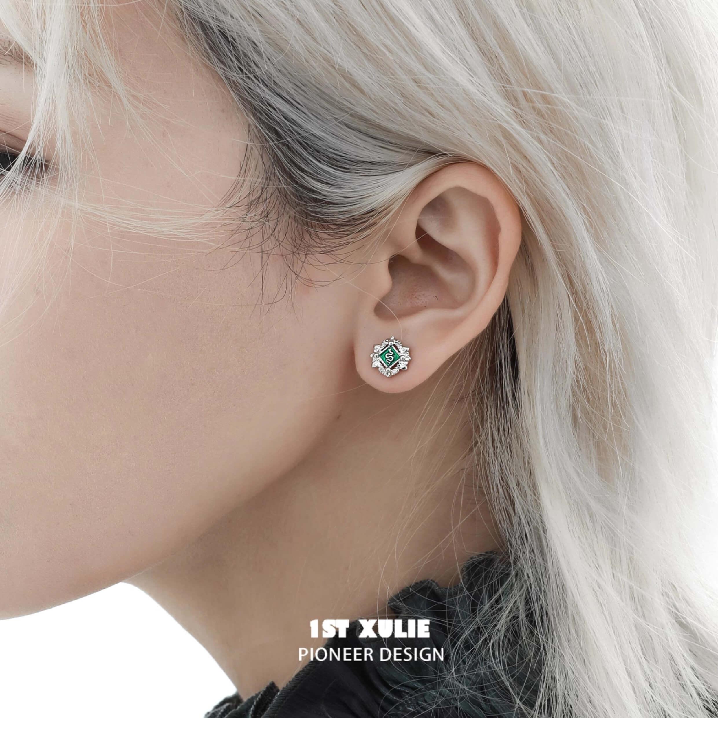 Slytherin House S925 Sterling Silver Snake Badge Earrings for Women - Harry Potter Inspired Jewelry Gift for Fans - Perfect for Cosplay, Halloween & Witchy Fashion