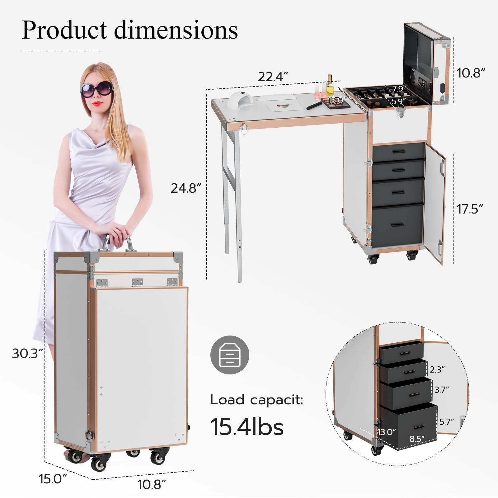 Portable Rolling Manicure Table with Storage & Mirror - Foldable Travel Nail Desk for Professionals & Students - Mobile Nail Art Station with Audio - White Makeup Train Case Cosmetic Trolley - Perfect for Salons, Home Use & Traveling Beauty Services