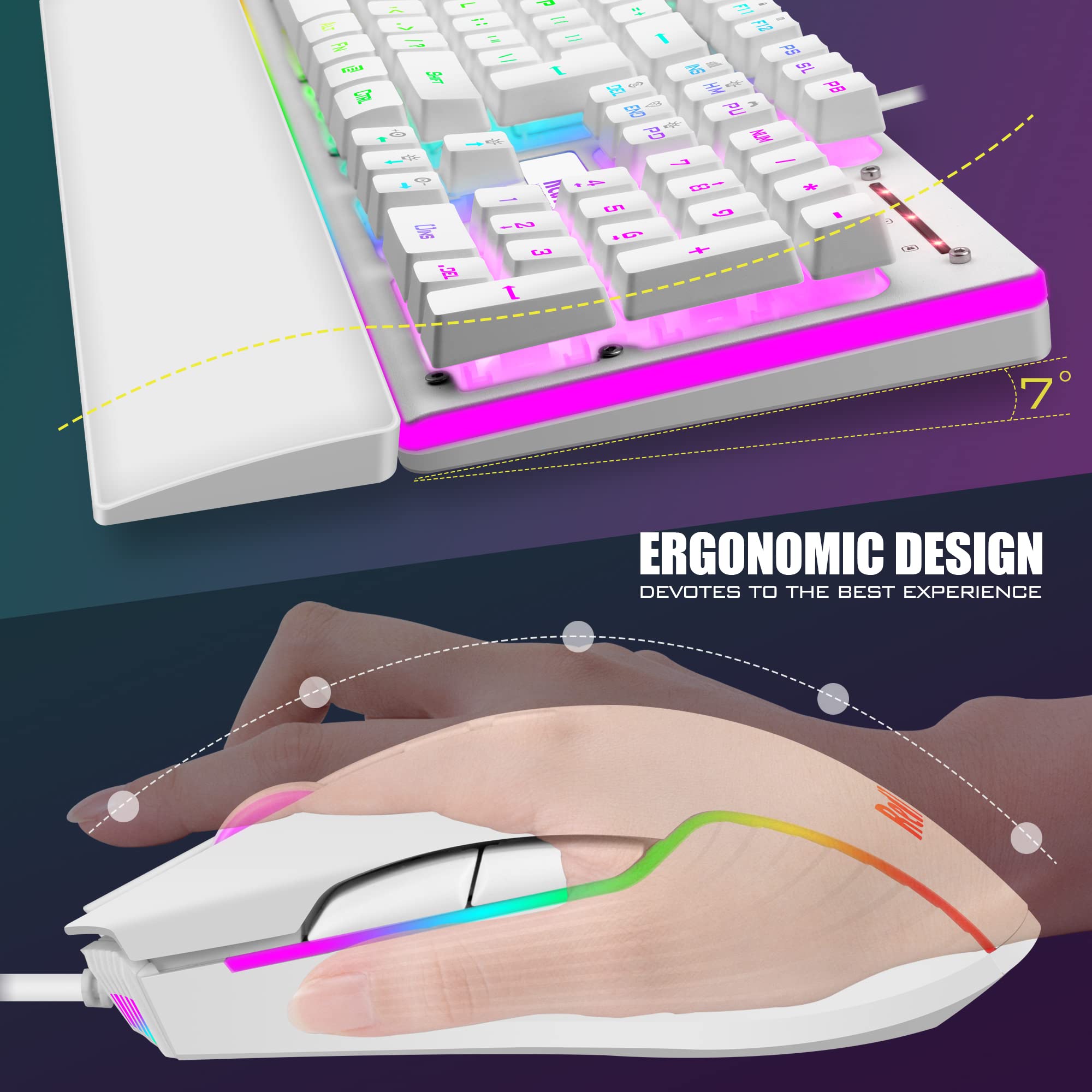 RedThunder K10 RGB Backlit Wired Gaming Keyboard & Mouse Combo with Wrist Rest - Mechanical Feel Anti-Ghosting Keyboard, 7200 DPI 7D Mouse & Soft Leather Wrist Rest - Perfect for PC Gaming, Office Work & Streaming (White)