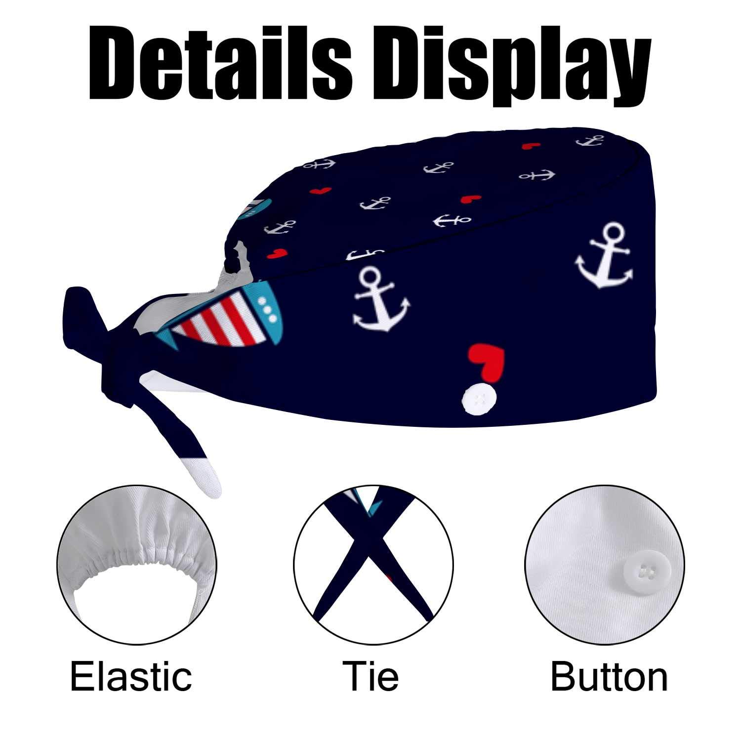 Adjustable Work Cap with Buttons & Sweatband - White Anchors Navy Design - Unisex Tie Back Hat for Women & Men - Perfect for Long Hair & Outdoor Work, Construction, Gardening & DIY Projects