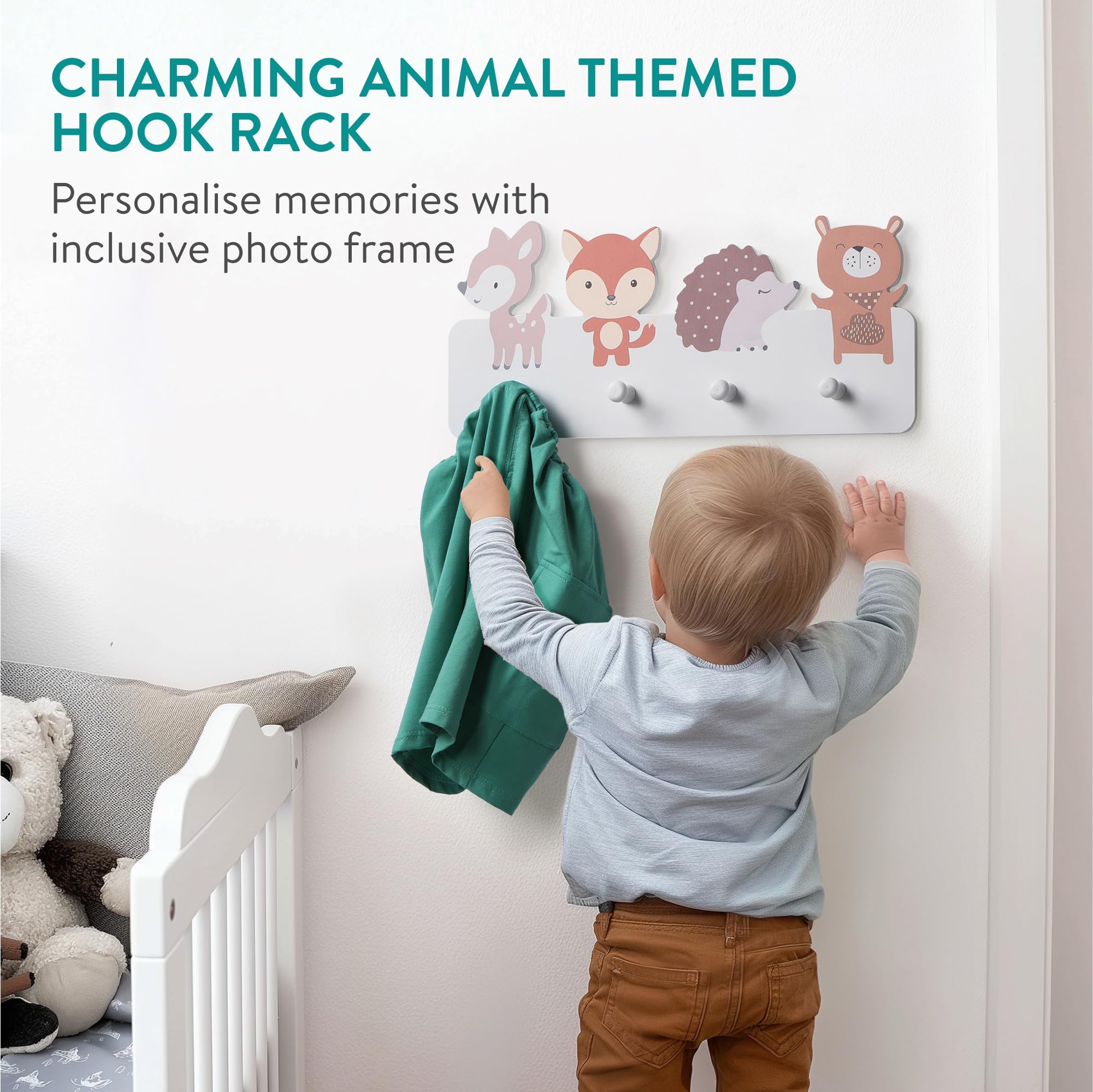 Navaris Wall Mounted Coat Rack - Sturdy 4-Hook Wooden Entryway Organizer with Animal Design - Space-Saving Wall Hooks for Jackets, Bags & Hats - Perfect for Kids Bedroom, Hallway or Mudroom Organization