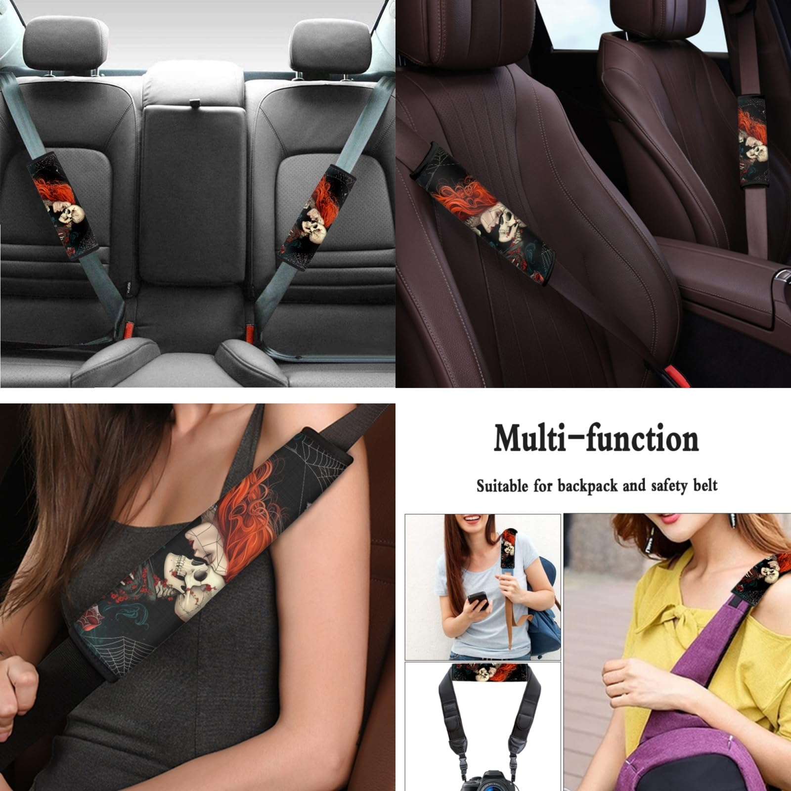 Scary Skull Skeleton Halloween Car Seat Covers Set - 5 Piece Universal Fit Auto Interior Accessories with Steering Wheel Cover & Seatbelt Pads for Most Vehicles | Perfect for Halloween Decorations, Themed Parties & Spooky Car Rides