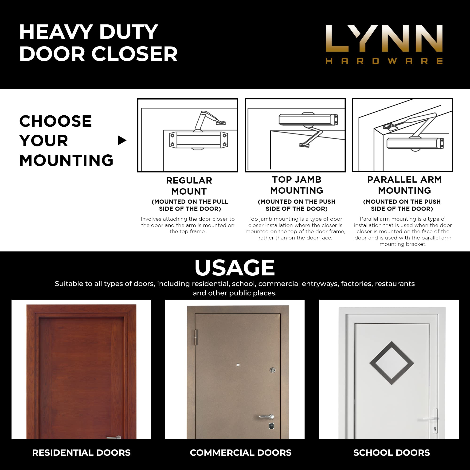 LYNN HARDWARE Heavy Duty Commercial Door Closer DC8016 - Automatic Surface Mounted Size 1-6 for High Traffic Areas - Durable Aluminum Construction - Ideal for Offices, Schools, Hospitals & Retail Stores