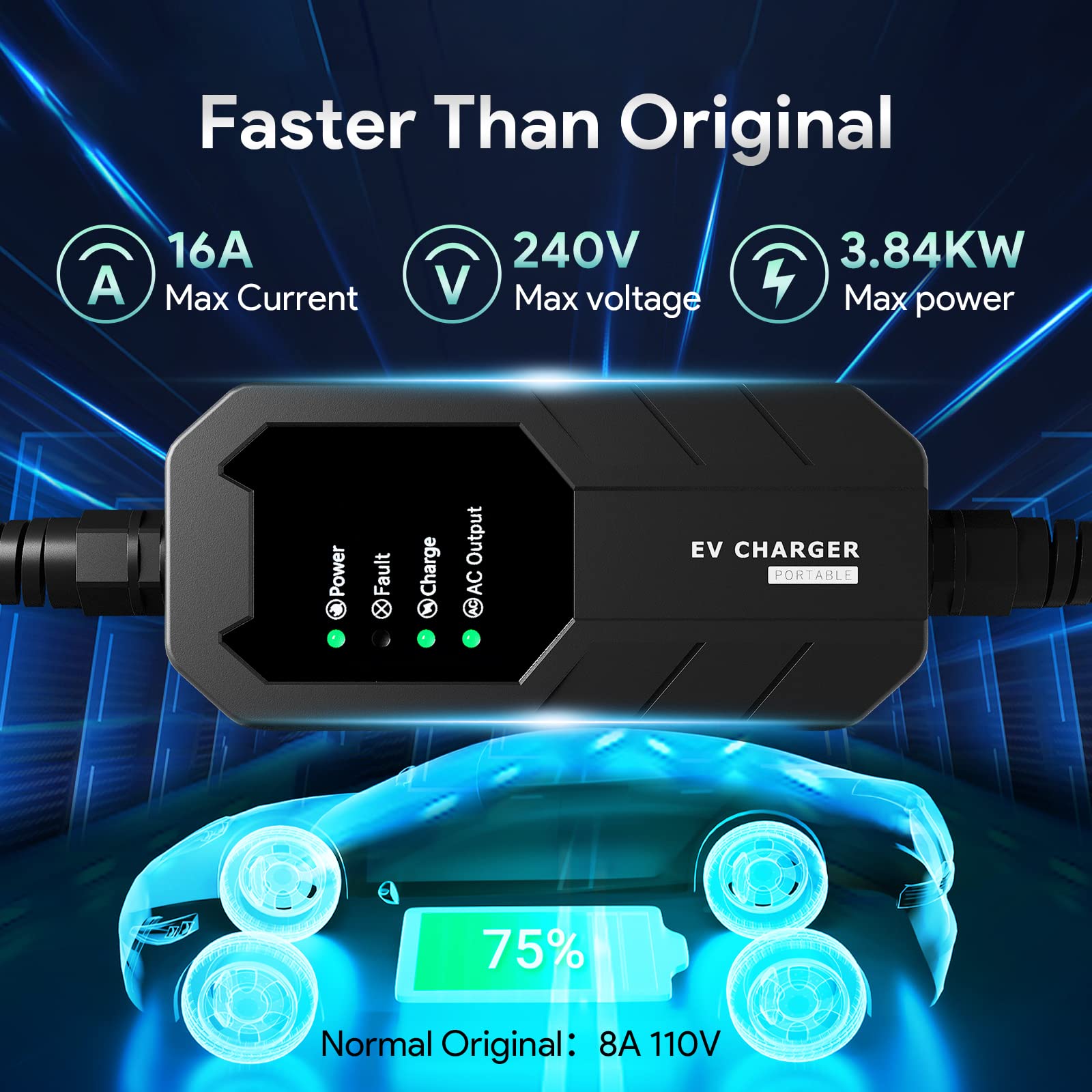 Level 1 & Level 2 EV Charger with 5 Adapters - 16A, 100-240V, 25FT Cable - Portable Electric Vehicle Charging Station for Home & Travel - Fast Charging for Tesla, Nissan, Chevy & More EVs
