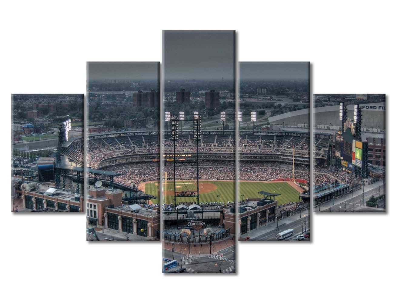 TUMOVO Detroit Tigers Baseball Stadium Wall Art - 5 Piece Framed Sports Poster Set (60