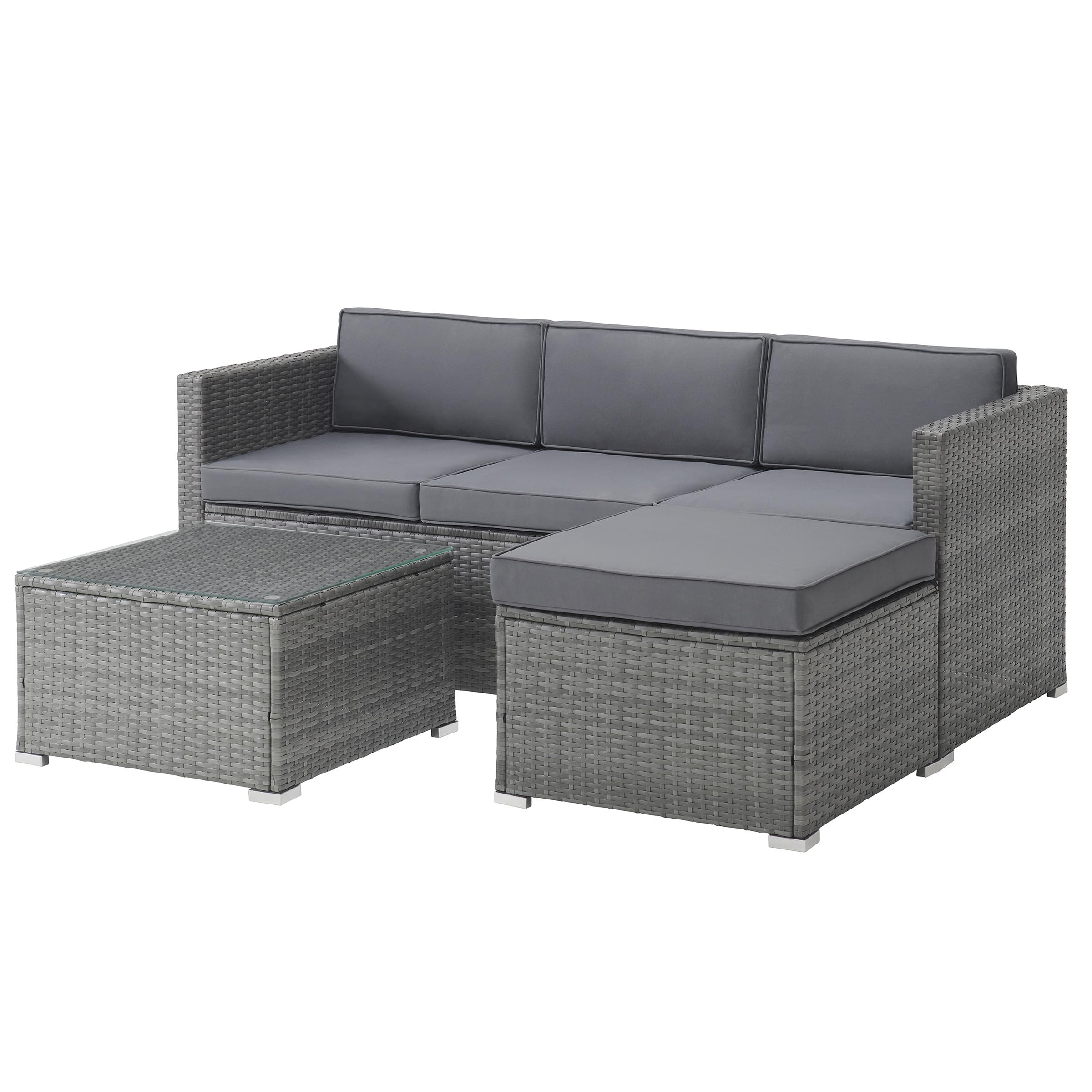 Premium 3-Piece Rattan Patio Furniture Set - Outdoor Sectional Sofa with Ottoman & Coffee Table - Weather-Resistant Gray Wicker Deck, Poolside, Backyard or Sunroom Lounge Set for Relaxing & Entertaining