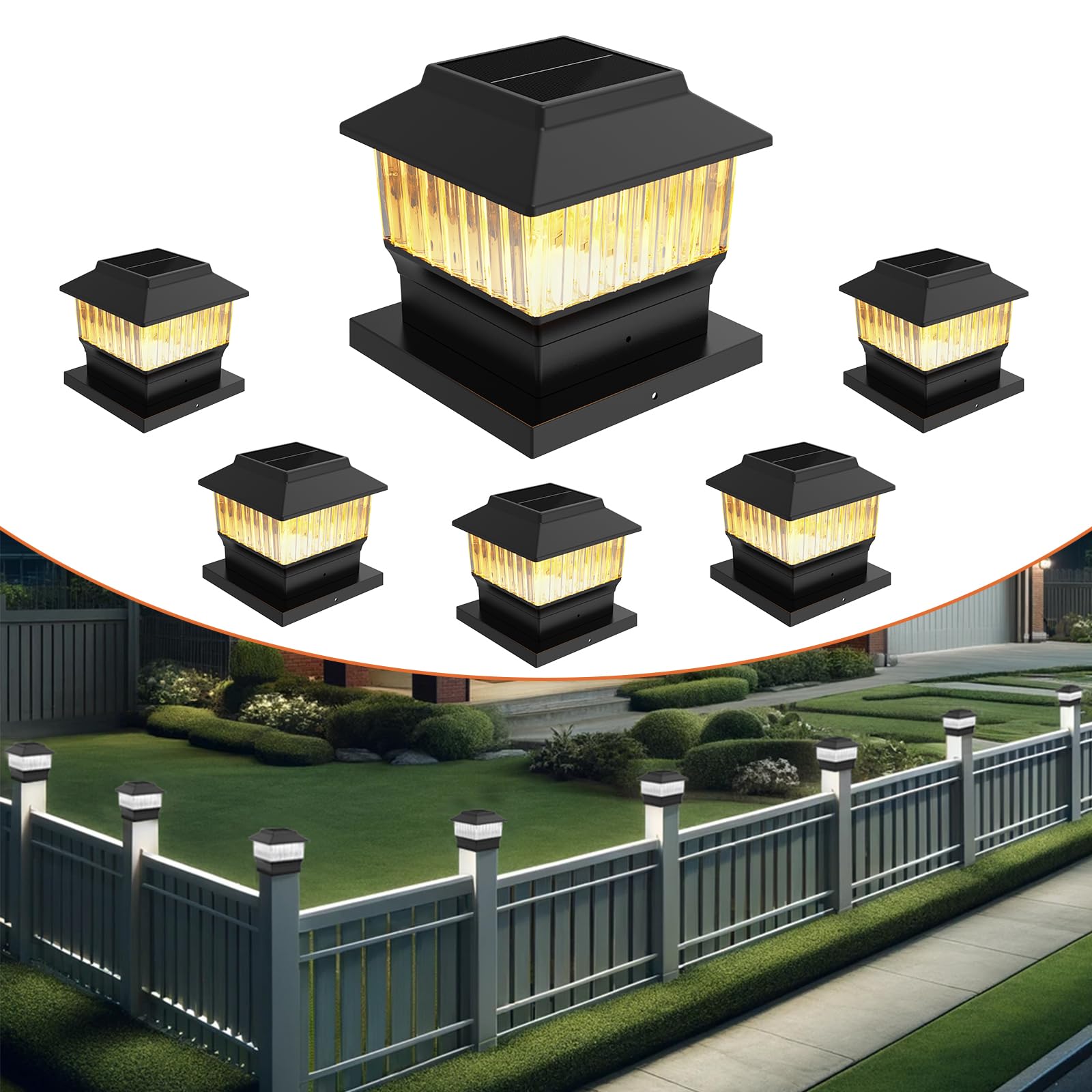 Modern Solar Post Cap Lights 6 Pack - Waterproof Black Outdoor Deck Fence Lights (Fits 4x4 & 6x6 Posts) - 50 Lumens with 3 Color Temperatures - Perfect for Patio, Garden, Pathway & Backyard Lighting