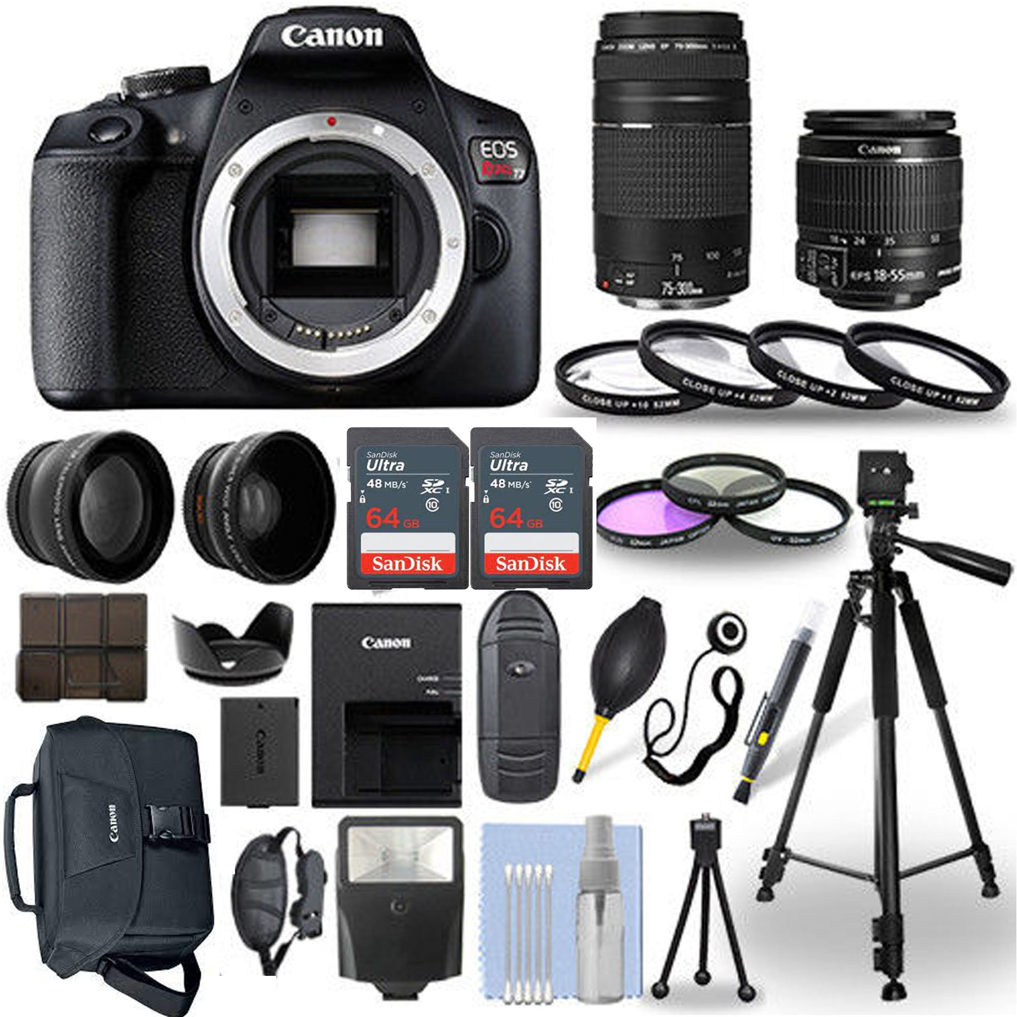 Canon EOS Rebel T7/2000D DSLR Camera Bundle with EF-S 18-55mm & EF 75-300mm Lenses, 128GB Memory, Flash, Tripod & Bag - Perfect for Travel, Portrait & Wildlife Photography