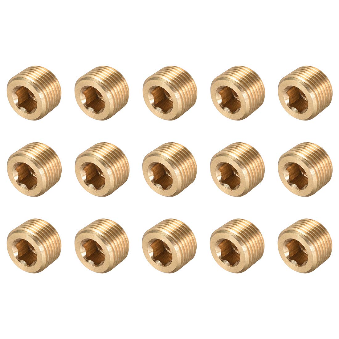 Brass Pipe Fitting Hex Counter Sunk Plug 3/8NPT Male Socket Drive Countersunk Pipe Plugs - 15 Pack for Plumbing, HVAC, and Industrial Applications