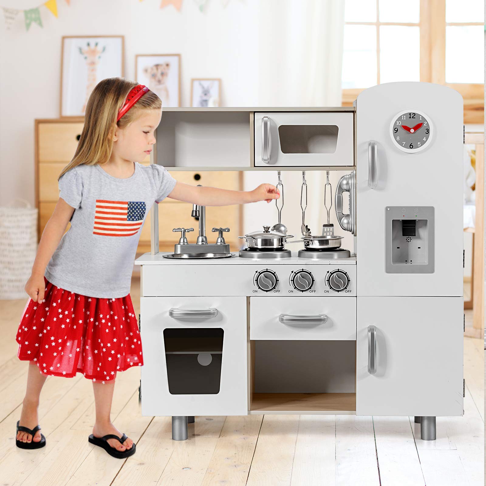 OLAKIDS Wooden Play Kitchen Set for Toddlers - Pretend Play Toy with Lights, Sounds, Water Dispenser, Fridge & Microwave - Educational Cooking Gift for Boys & Girls - Perfect for Home, Preschool & Daycare Role Play Activities
