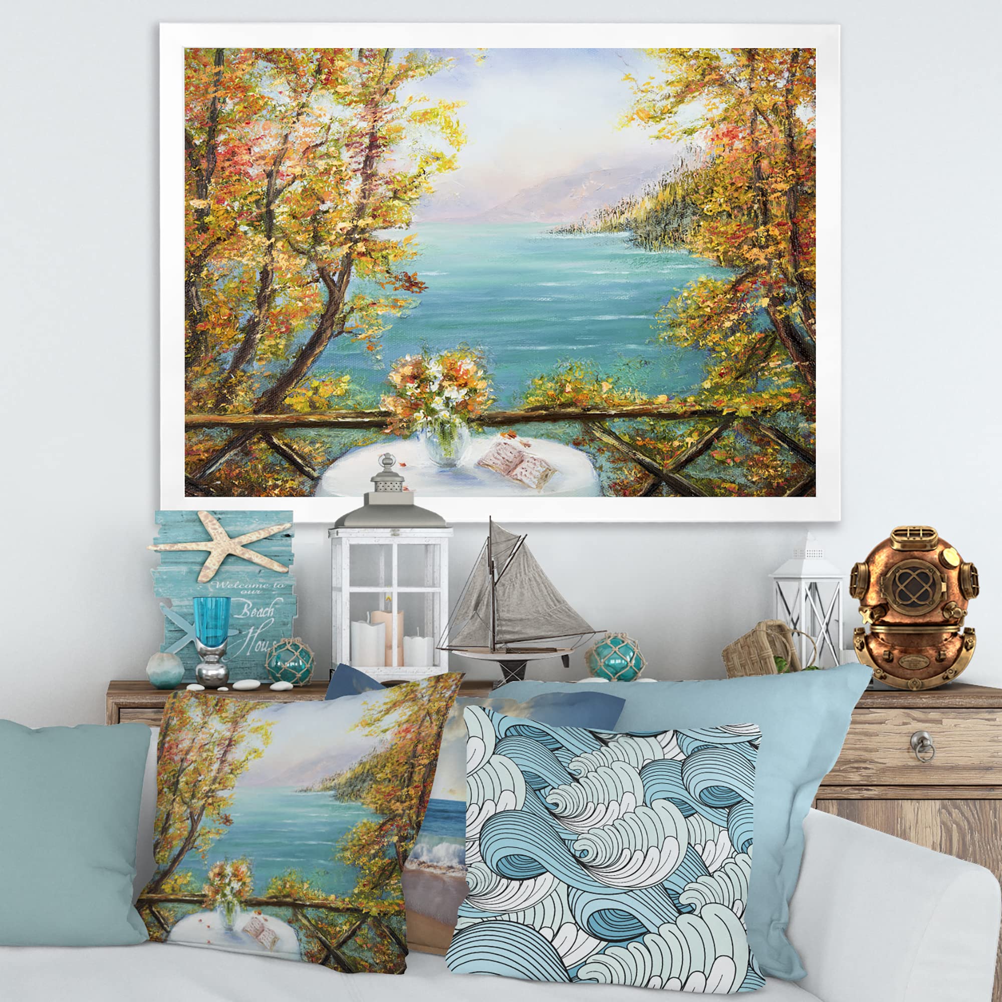 Blue Ocean Nautical Coastal Framed Wall Art - Beach House Decor for Living Room, Bedroom & Office | Terrace View Seascape Painting